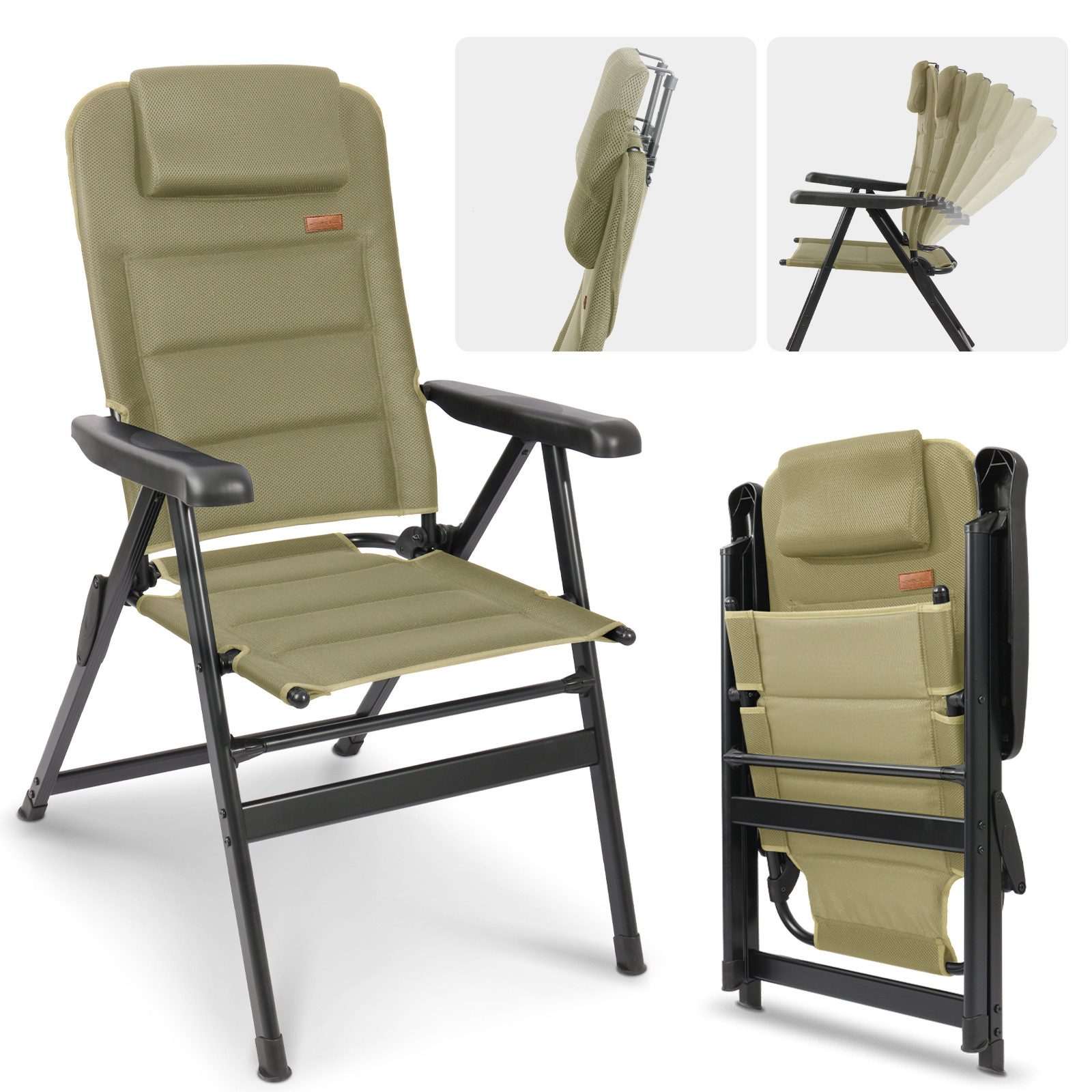 HOMECALL Klappstuhl Hochlehner Campingstuhl Gartenstuhl Gepolstert Faltstuhl Balkonstuhl (150 KG Belastbar Erstellbare Kopfstutze Anglerstuhl,Groß und Hoch, 2 St), mit 6-Fach Verstellbare lehne, für Camp Garten Balkon
