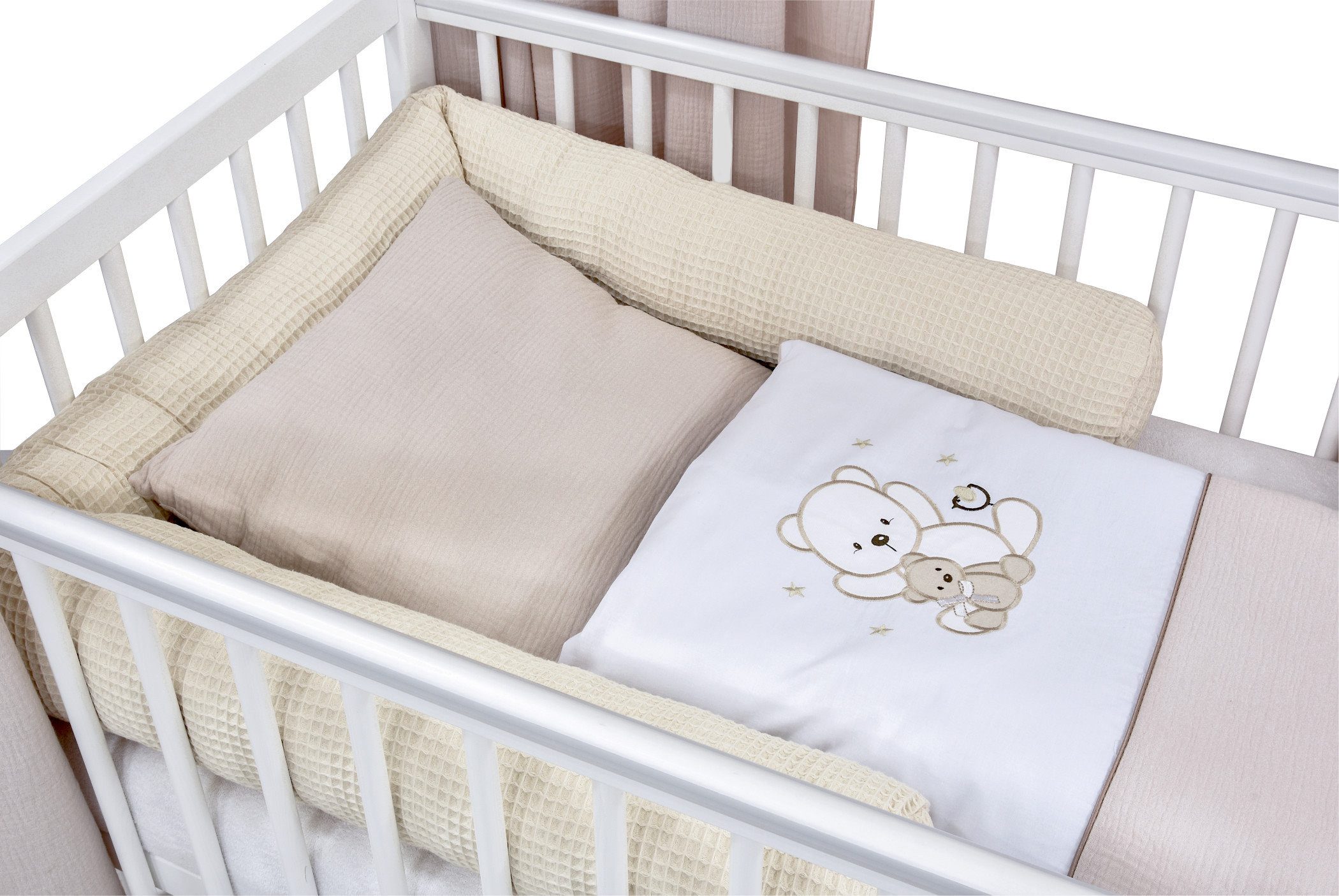 Baby-Delux Komplettbett Hausbett Babybett Komplettset Waffelpique Musselin, 12-tlg., Kinderbett 60x120 cm weiß, Bettset verschiedene Designs