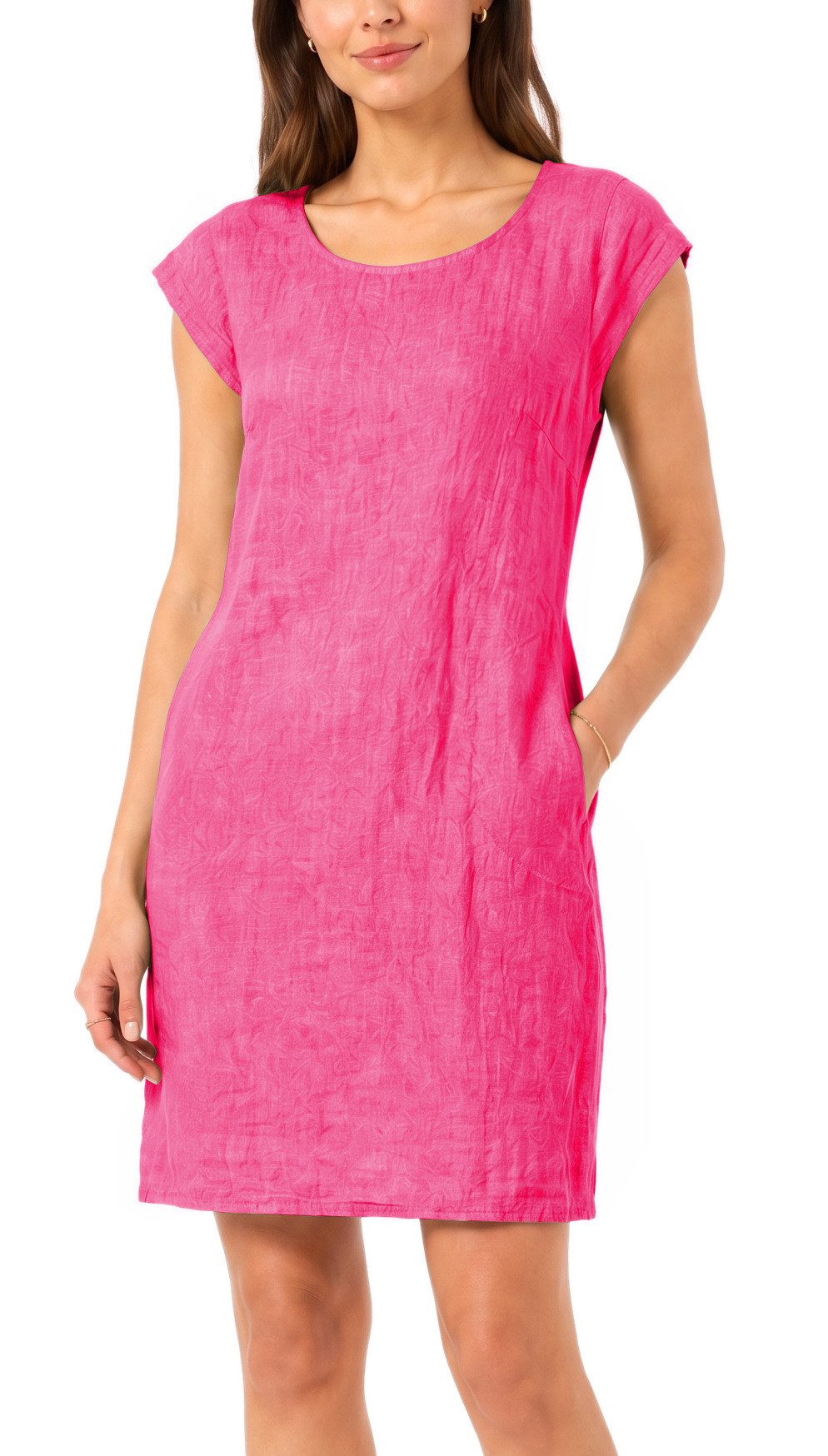 dy_mode Midikleid Einfarbiges Damen Leinenkleid Sommerkleid Kurzarm Midi Kleid in Unifarbe, mit Eingriffstaschen, leicht taillierte Passform