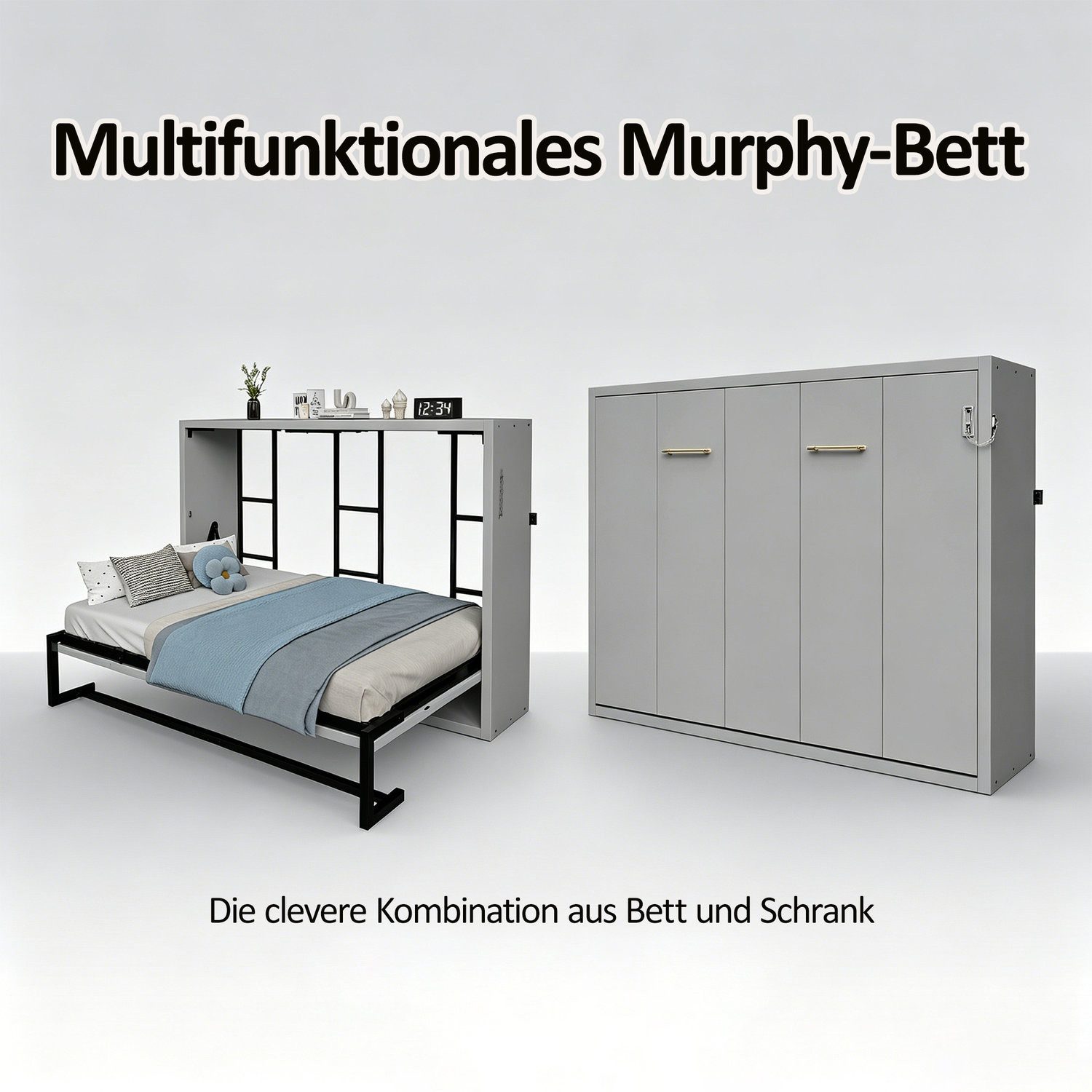 Odikalo Schrankbett 140x200 Murphy-Bett Faltbett mit Verriegelbarer Wandbefestigung (Metallrahmen-Wandklappbett, Kombination aus Metallrahmen und Holzplatte, Robust und Leise, Multifunktionales Bett)