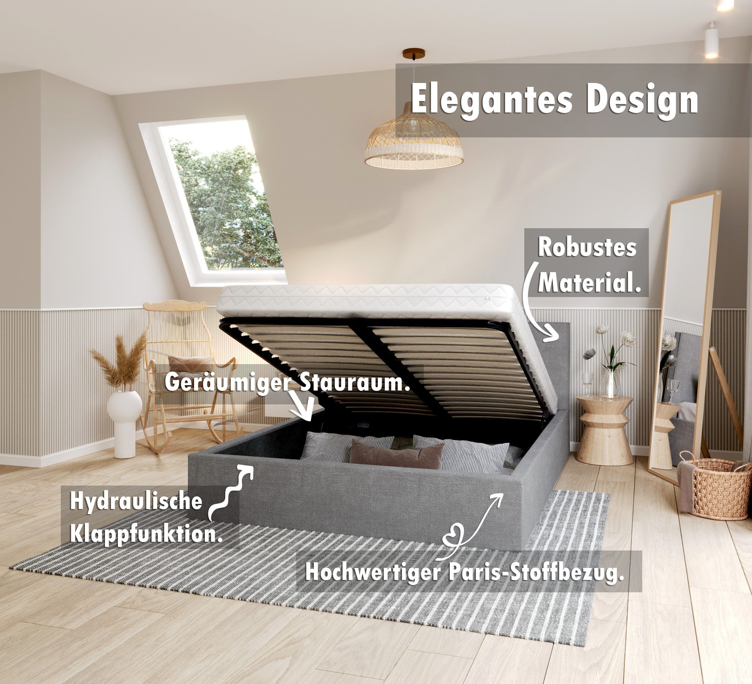 thematys Polsterbett Bett Stauraumbett 90x200, 120x200, 140x200, 160x200, 180x200cm (MADE IN EU - mit hochwertigem fein gewebter Stoff für einen zeitlosen Look, – Bild 3 von 5