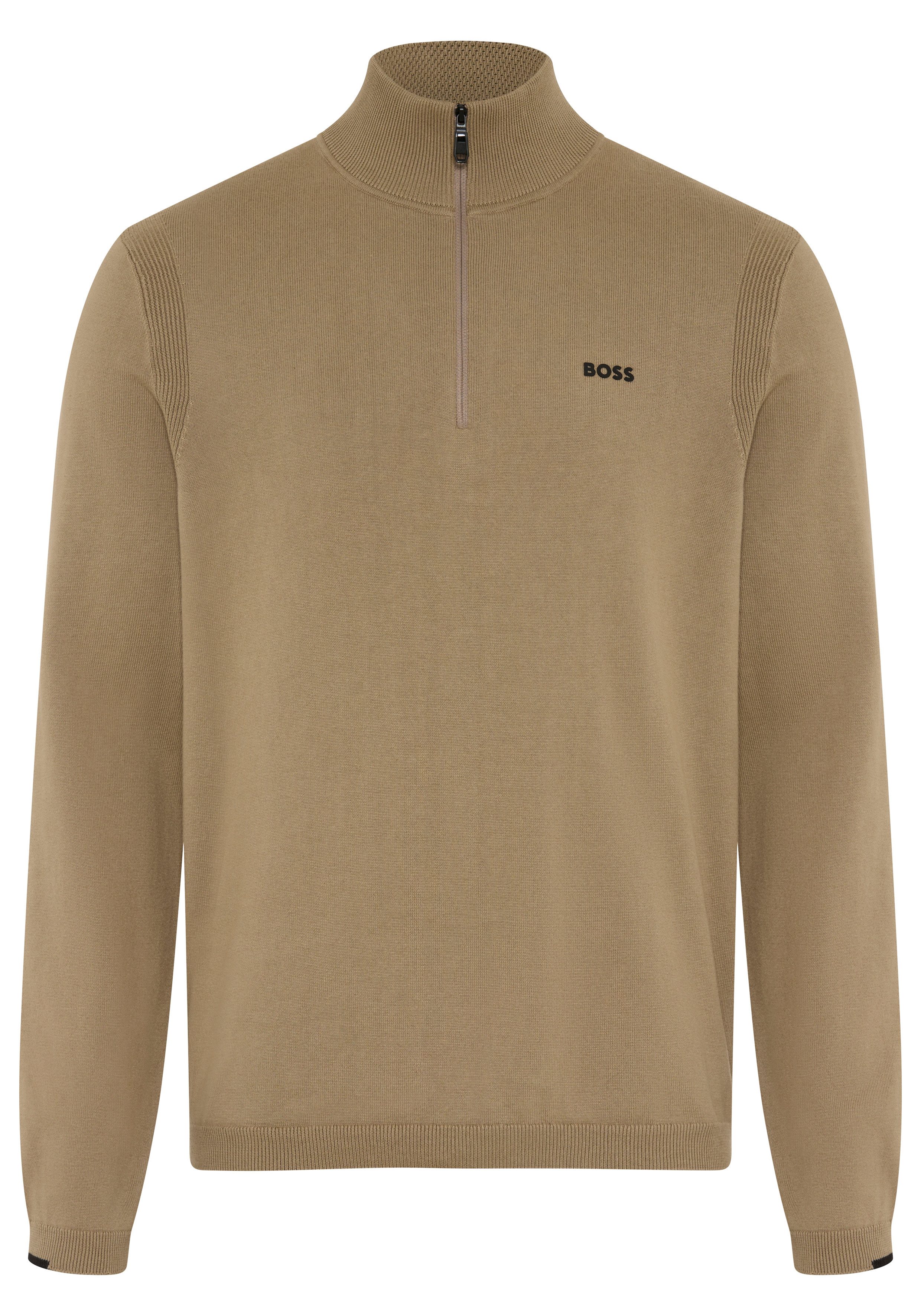 BOSS GREEN Strickpullover Stehkragen mit Reißverschluss, Regular fit, Logo-Print