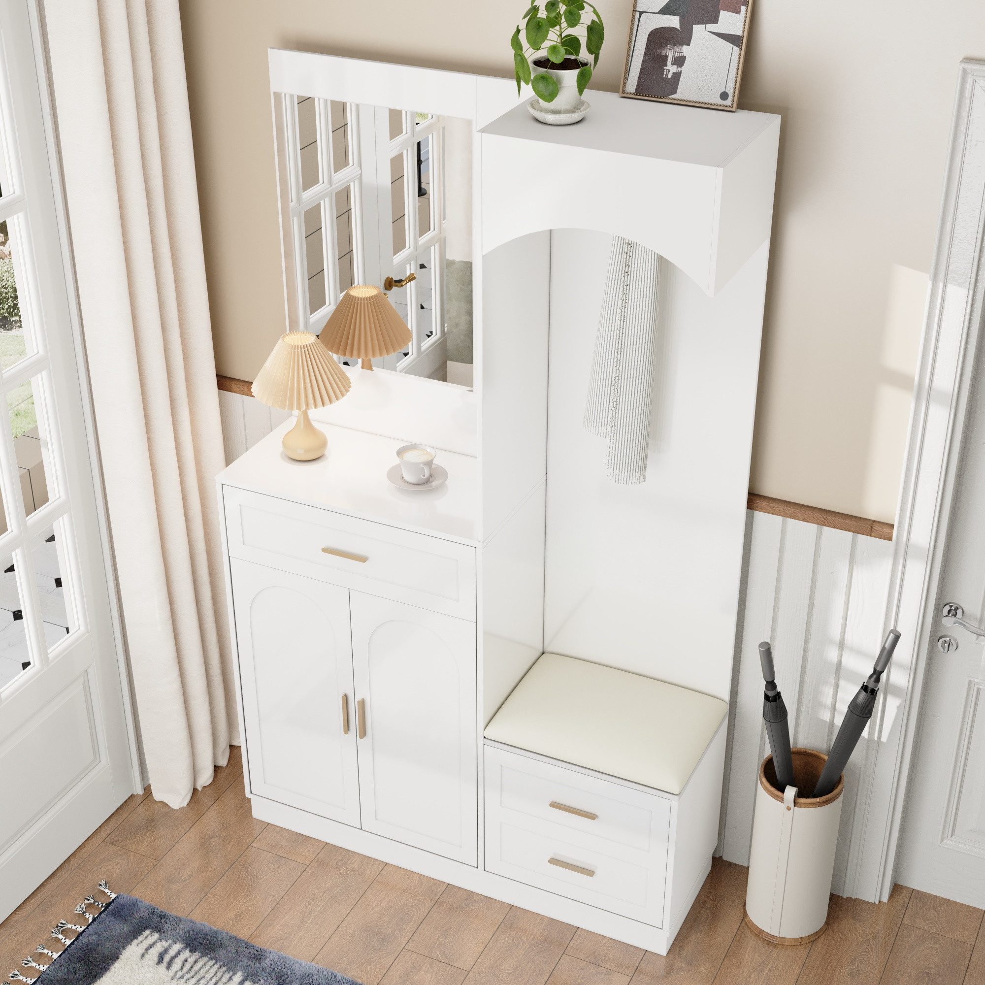 Merax Garderoben-Set mit Spiegel, Eingangsschrank mit verstellbaren Einlegeböden, (Moderne Garderobenschrank- & Schuhschrank-Kombination, 1-St., Eingangsschrank 110×185,5×33 cm), Kompaktgarderobe mit 1 Schublade, 3 Türen & Stauraum