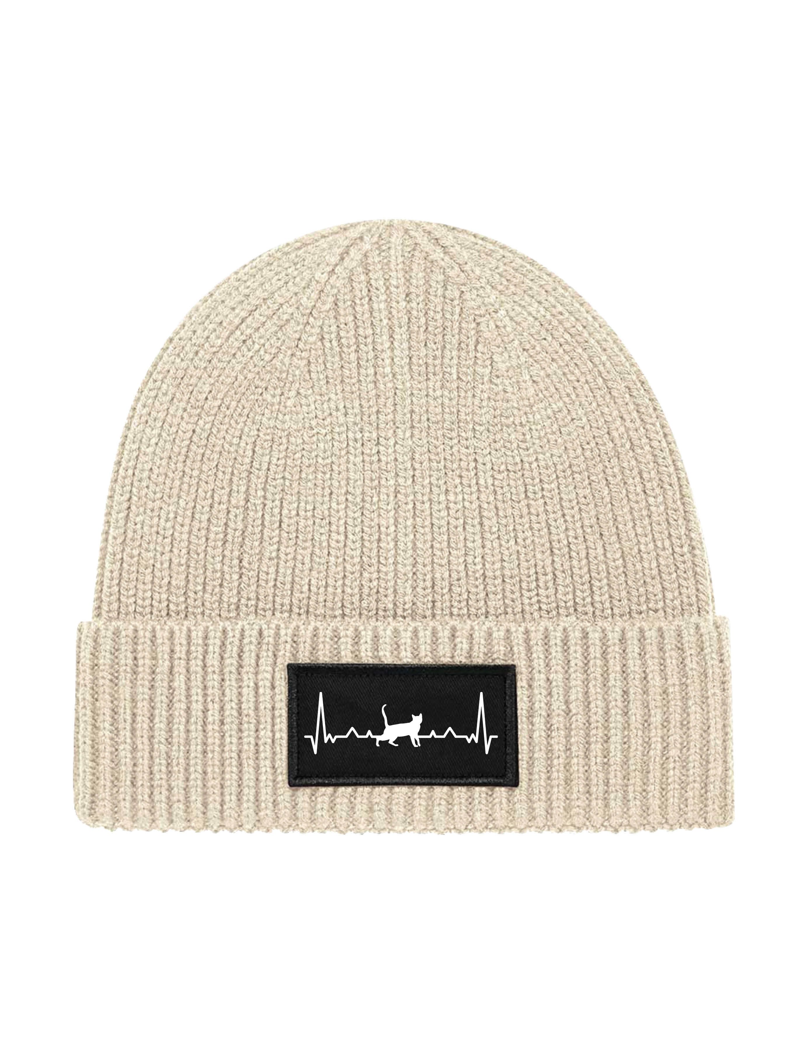 Beanie Unisex Strick Beanie Mütze mit Heartbeat Katze Herz Aufdruck Geschenk