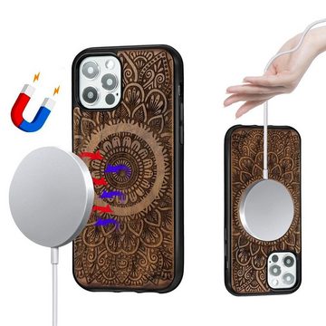 Wigento Smartphone-Hülle Holzfurnier Mandala geprägte Magsafe Hülle Handy Tasche Wahlnuss für Apple iPhone 12 Pro Max 6.7 Zoll