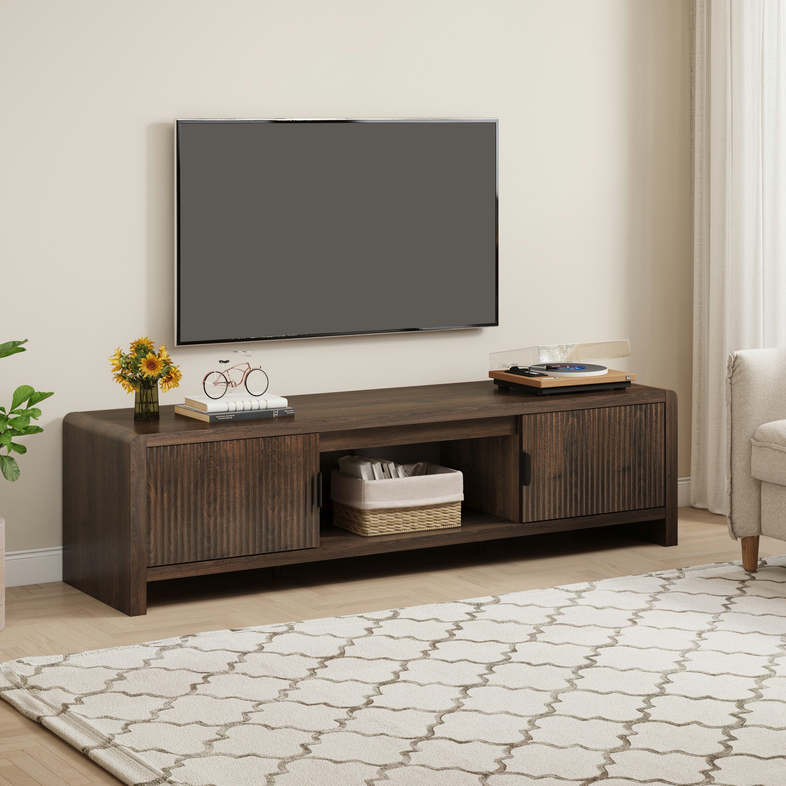 en.casa TV-Schrank »Lukkodso« mit 3 Fächern und 2 Türen 150x40x40 cm Walnussoptik