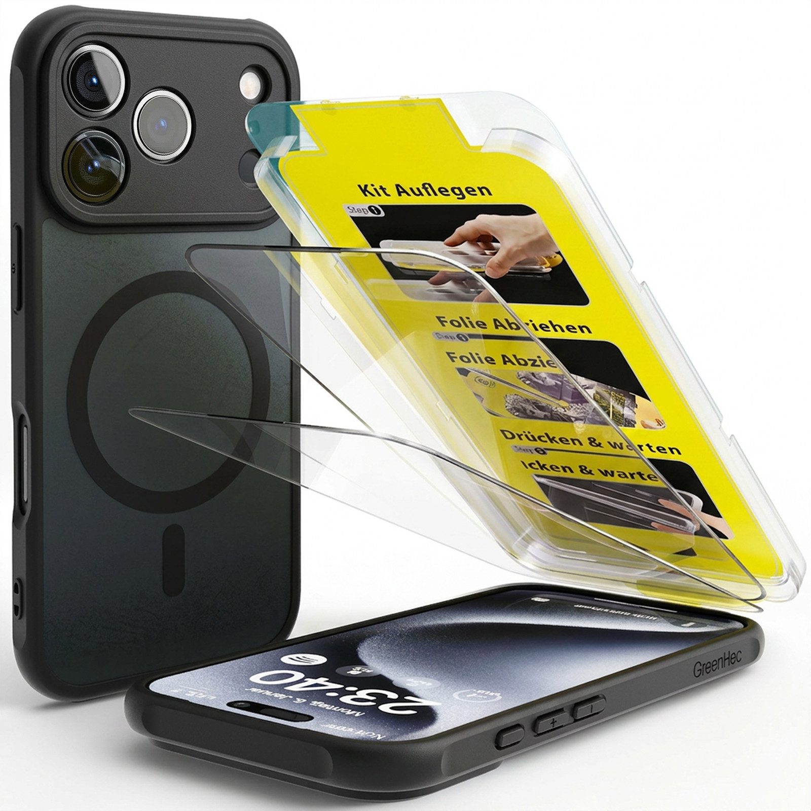 GreenHec Handyhülle Hülle + Panzerfolie iPhone 17 16 15 14 13 12 Pro Max MagSafe Magnet 9H 7 Zoll, Air Handy Displayschutzglas Sichtschutz Stoßfest Transparent Kratzfest