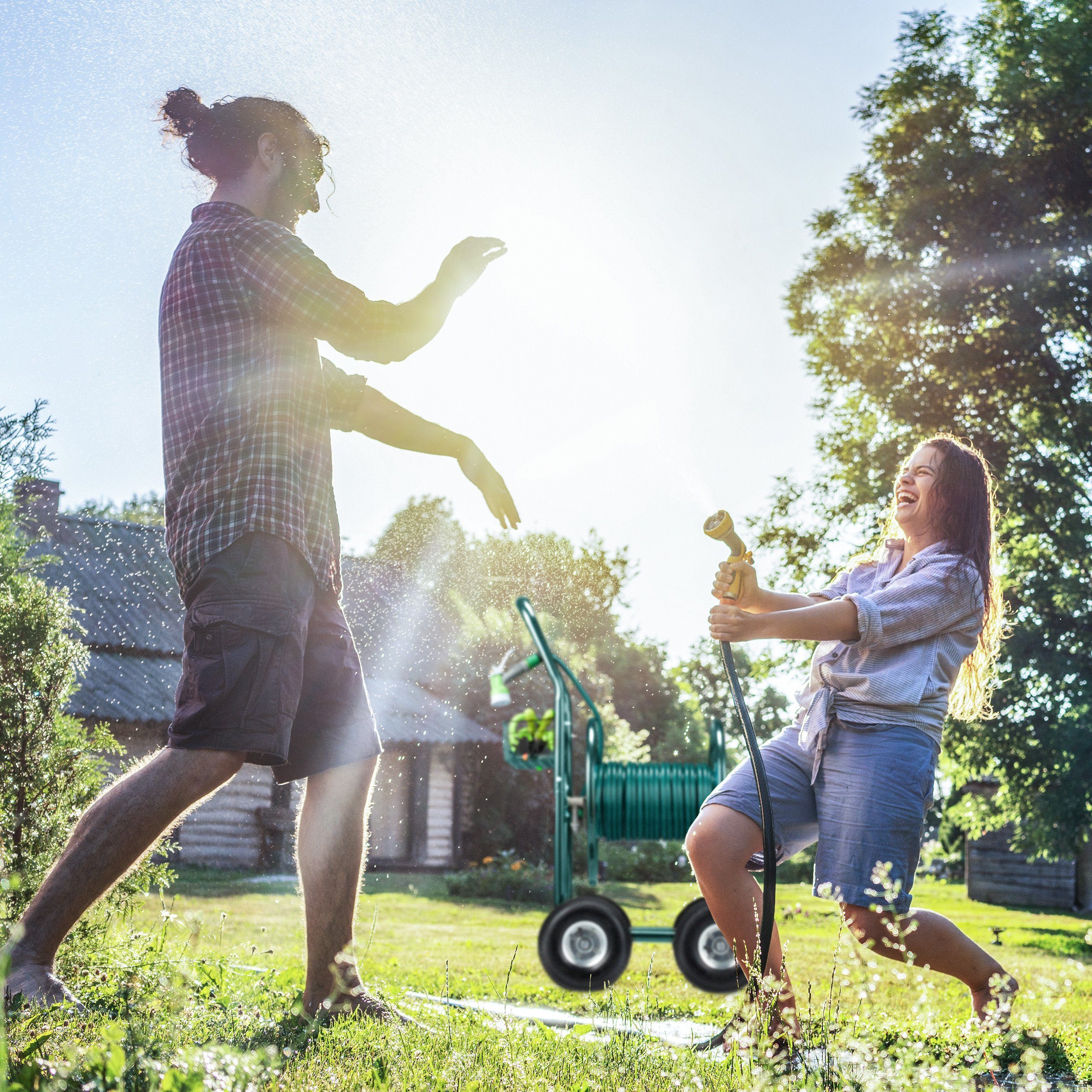 relaxdays Schlauchhalterung Schlauchwagen 4 Räder grün
