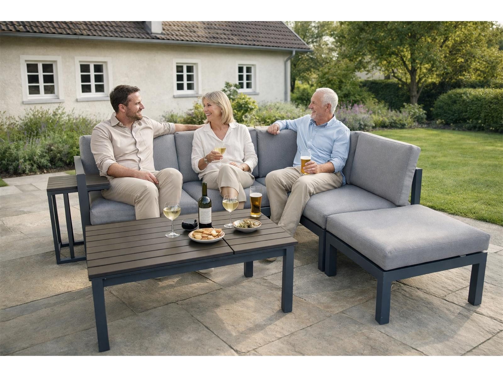 Green Spirit Loungeset »Porto« Lounge Set Alu Ecklounge Loungemöbel Sitzgruppe Gartenmöbel, (Set, 5-tlg., 1x Eckbank (2x 2-Sitzer Bank), 1x Hocker, 1x Tisch, 1x Beistelltisch), Aluminium, grau, für 5 Personen, wetterfest, Garten, Terrasse, Outdoor
