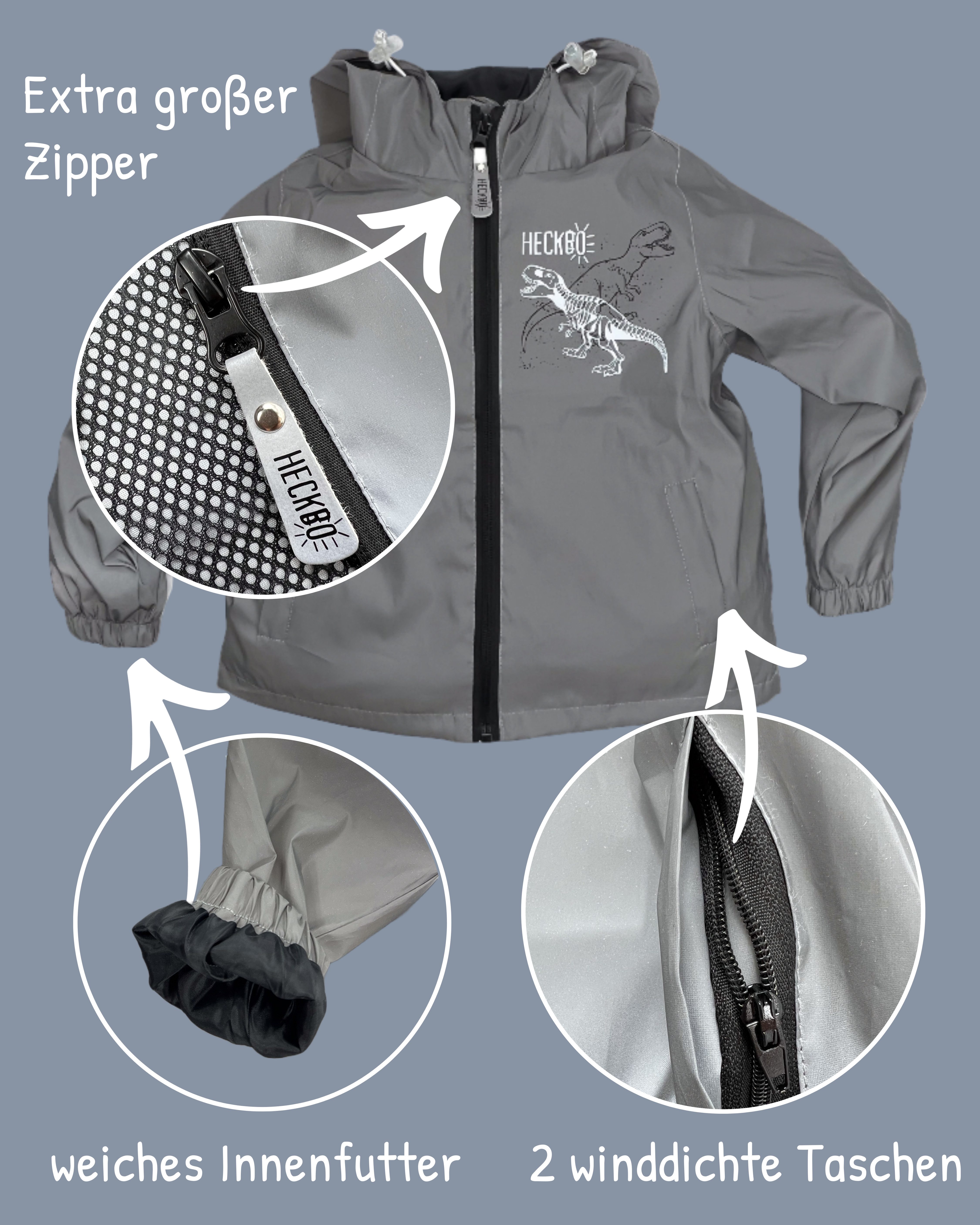 HECKBO Regen- und Matschjacke 360° Reflektor Kinder Regenjacke Windjacke Jacke Dinosaurier 3-6 Jahre