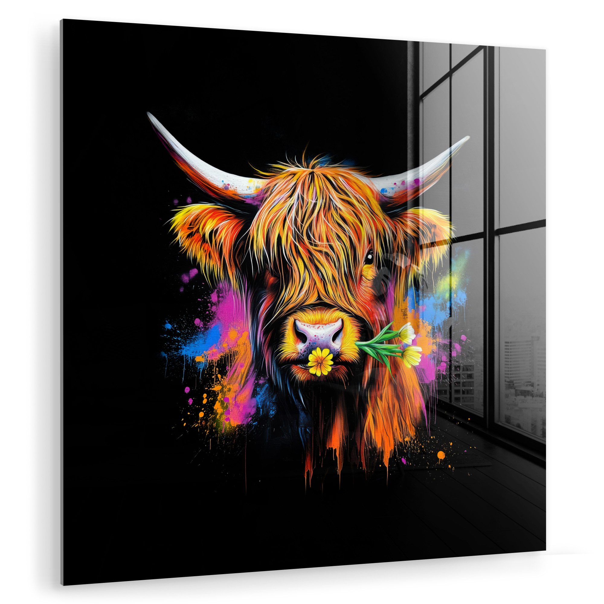 MuchoWow Acrylglasbild Schottischer Highlander - Graffiti - Bunt - Blume - Tiere, Inkl. Aufhängung, Foto auf Glas, Wanddekoration, Deko Wohnzimmer, 30x30 cm