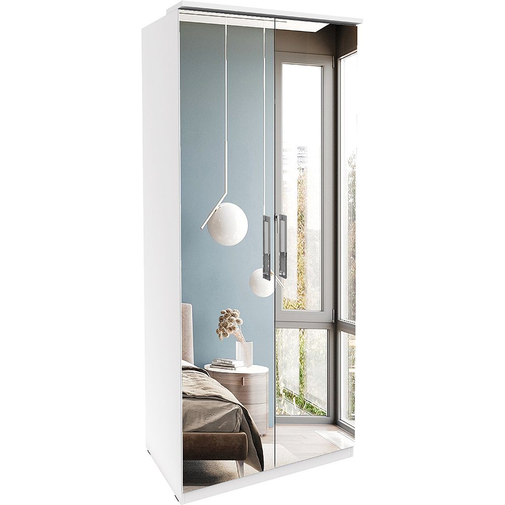 Lomadox Drehtürenschrank OLMO-83 Schlafzimmer Kleiderschrank in weiß mit Spiegeltüren, : 90/217/63 cm