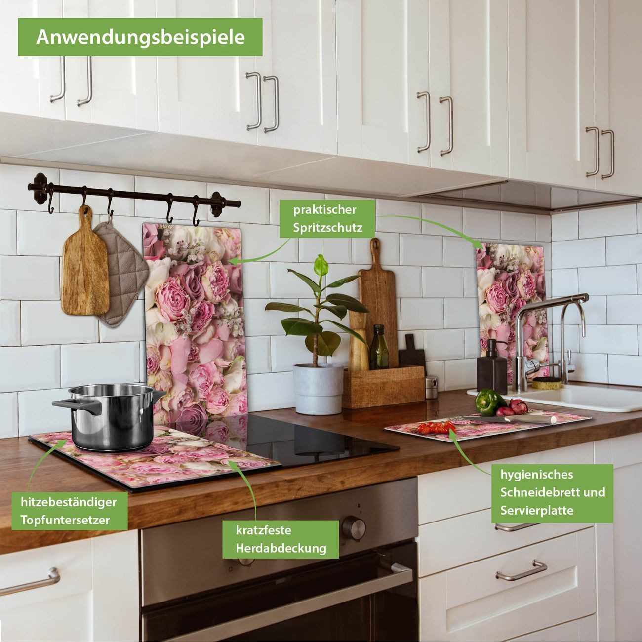 banjado Herd-Abdeckplatte zweiteilig aus Glas mit Motiv Strauss Rosen, (gehärtet, 2 tlg., inkl. selbstklebende Gummifüßchen)