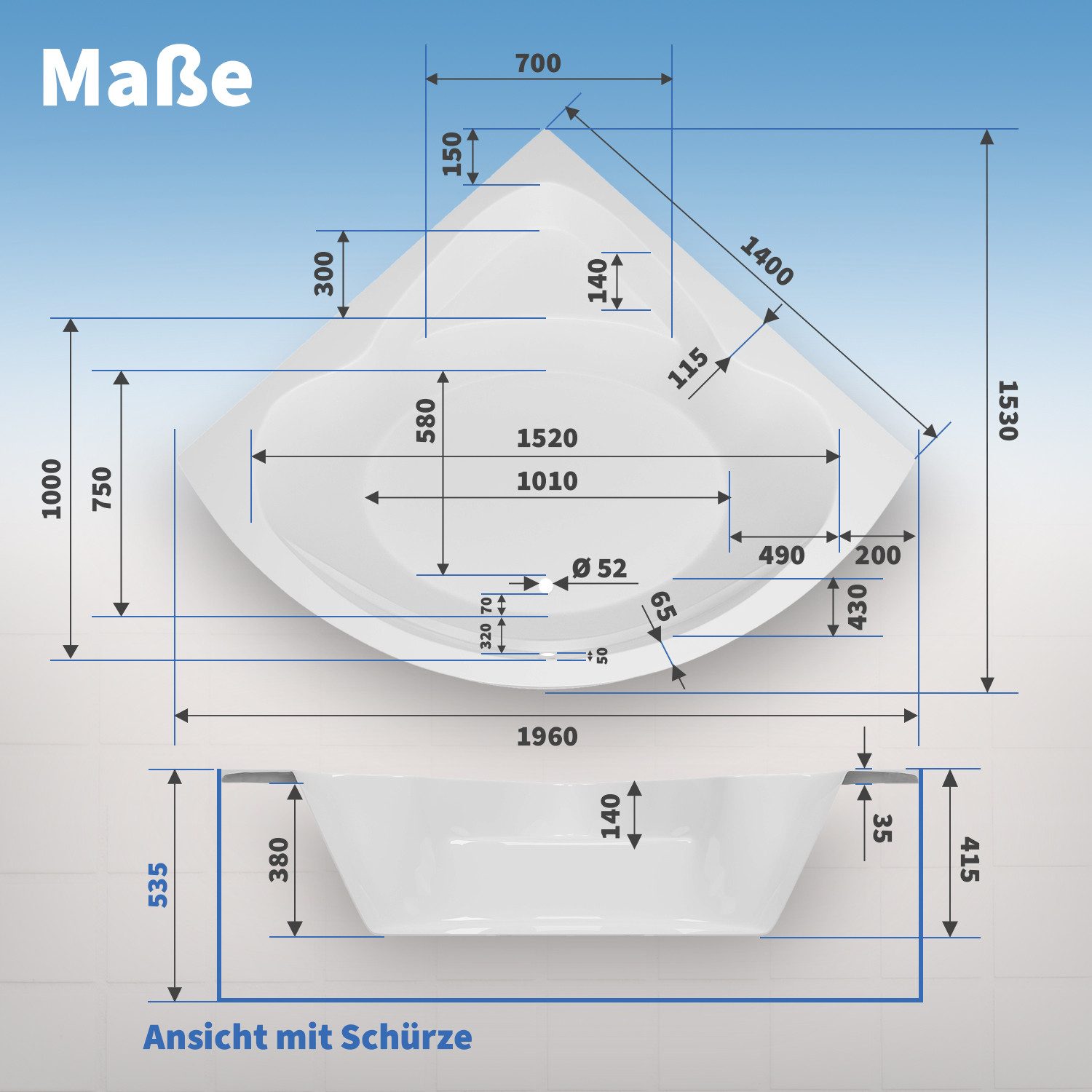 AQUADE Badewanne Acryl Eckbadewanne Koblenz, inkl. Wannenfüße, Schürze und günstig online kaufen