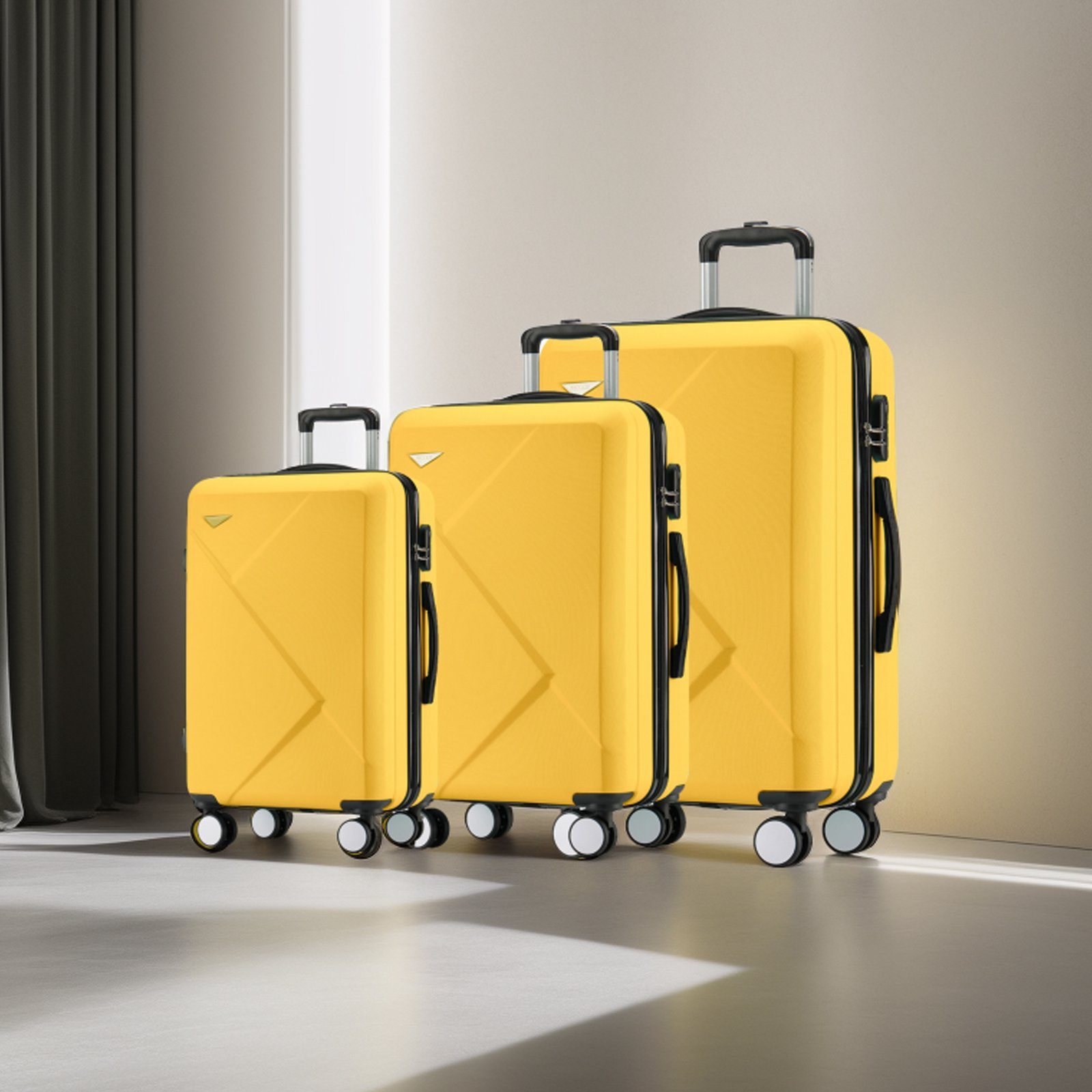 ABS-Material, Reisekoffer Set, Zahlenschloss 3-teiliges , mit Kofferset gelb Hartschalen-Handgepäck Rollkoffer, FUROKOY