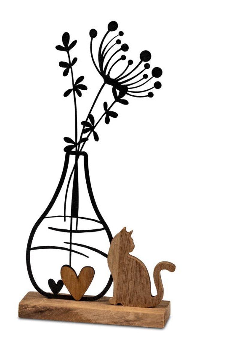 formano Dekofigur Blume + Katze Holz - Holz + schwarzes Metall - 16 x 31 cm (1 St), Schöne Geschenk-Idee! passend zu jedem Anlass!
