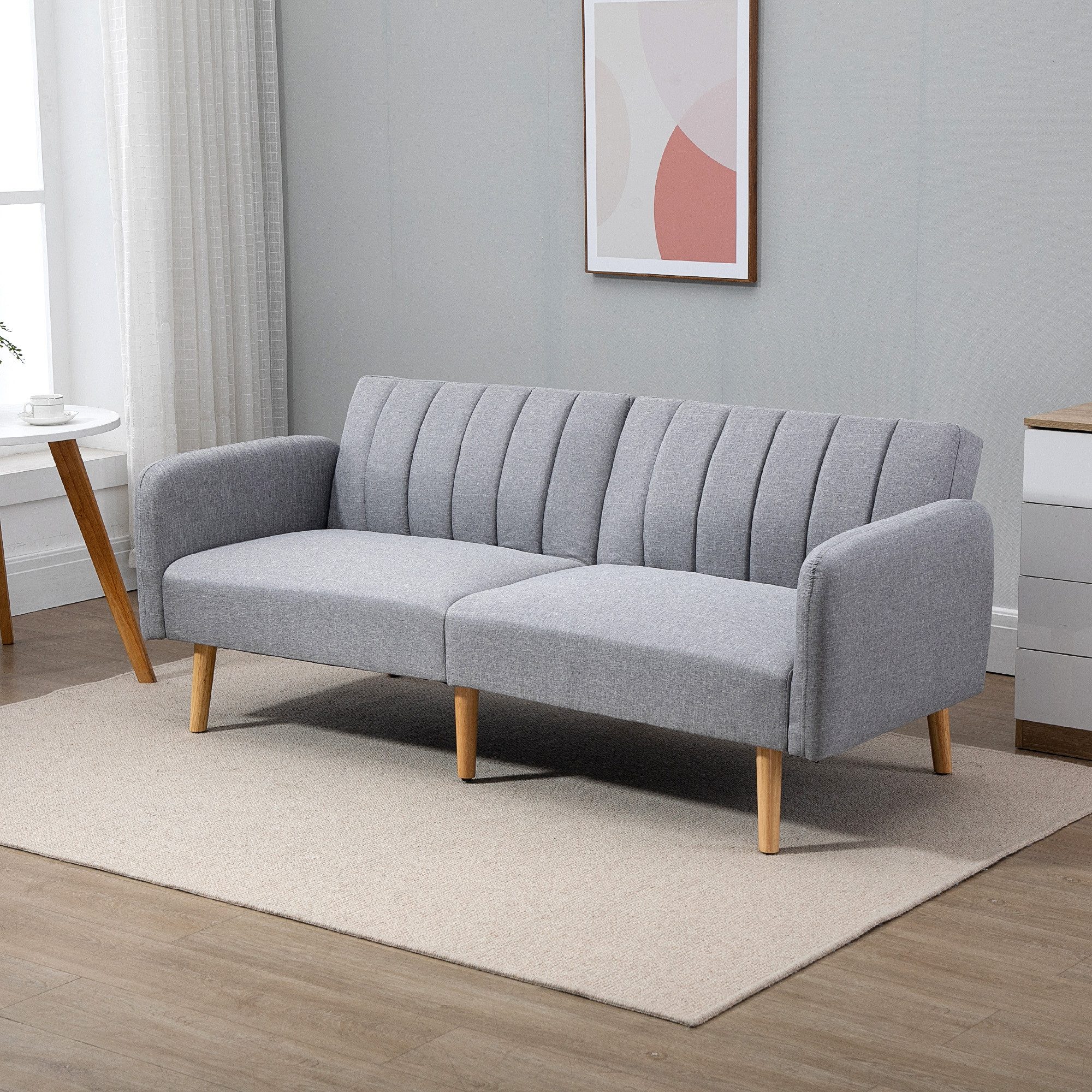 HOMCOM Schlafsofa mit Schlaffunktion, Verstellbare Rückenlehne, Sofa 1 Teile, leinenartiges Polyester Gummiholz Hellgrau 173 x 75 x 73 cm