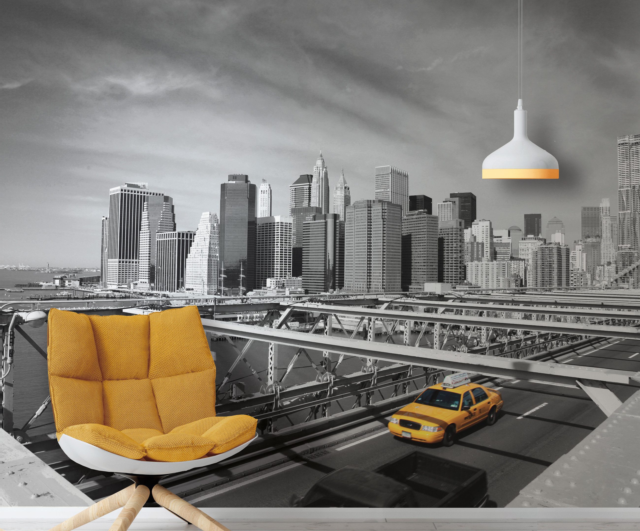 Rasch Fototapete Skyline Brücke Yellow-Cap New York USA - Vliestapete Grau Silber Gelb, bedruckt, (1 Rolle, 1 St., Kollektion 'Magicwalls' - 2,65 m x 3,71 m), Lichtbeständige Farben - Feucht abwischbar - Restlost abziehbar