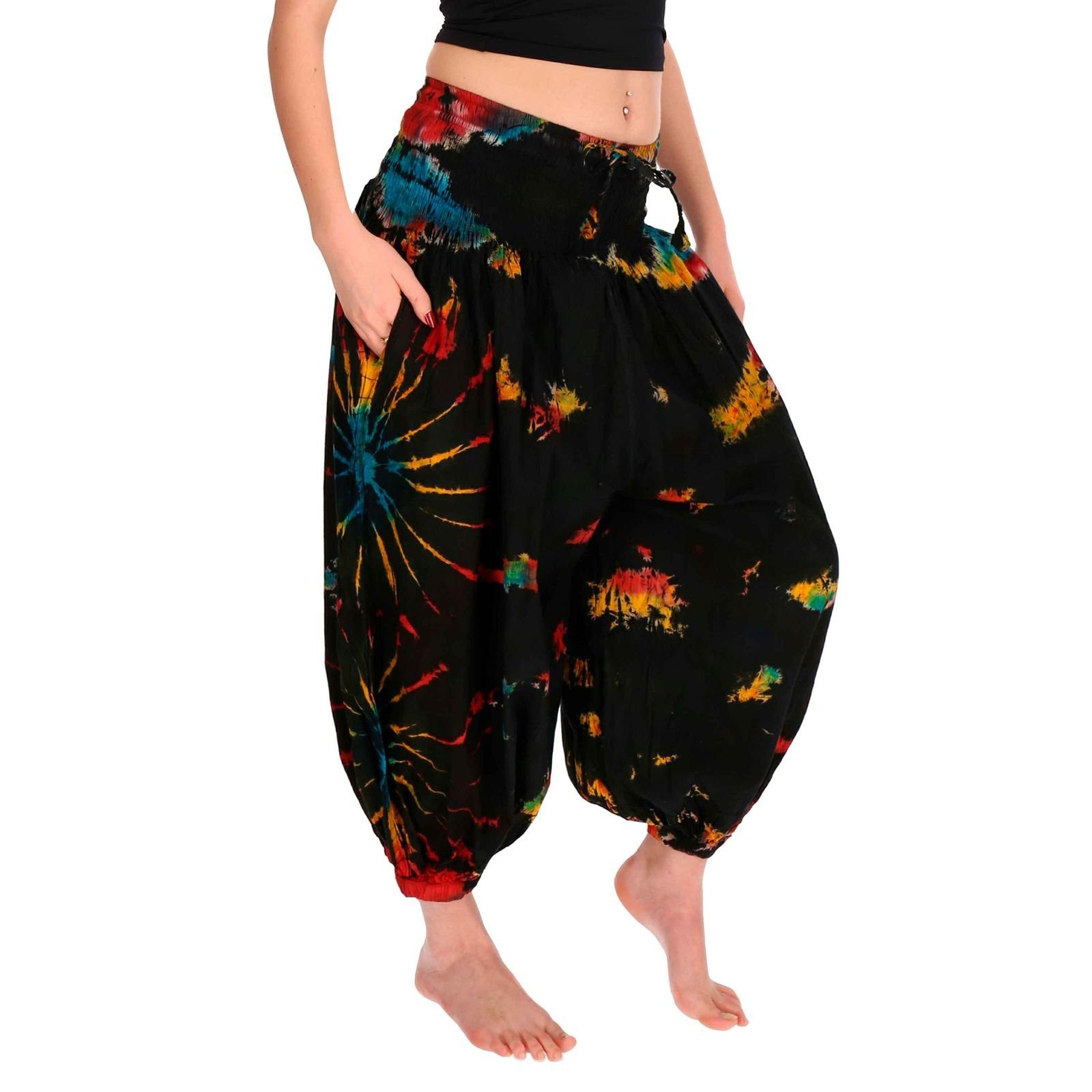 KUNST UND MAGIE Haremshose Damen Batikhose Tie Dye Baumwoll Haremshose Wellnesshose Pluderhose Mehrfarbig