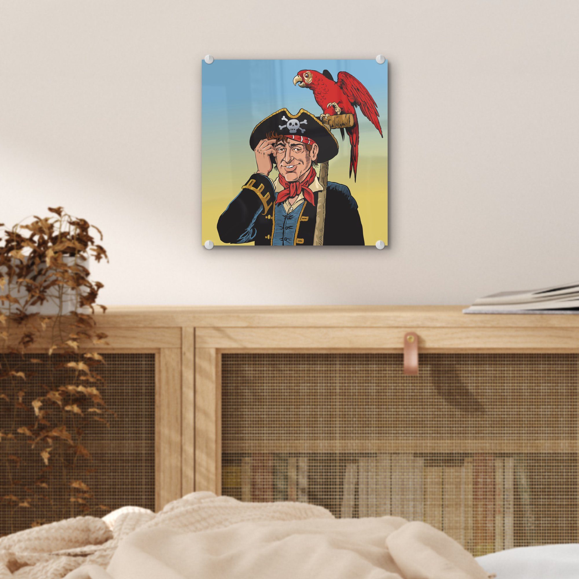 Piraten - - Papagei, von St), Wanddekoration Kinderillustration Bunte Glasbilder einem (1 auf Wandbild Bilder einem Foto und Glas - Acrylglasbild auf Glas MuchoWow