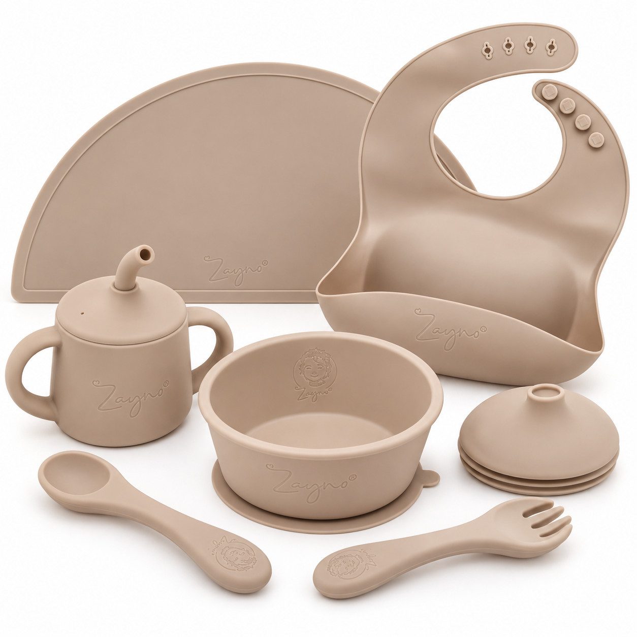 Zayno Kindergeschirr-Set Silikon-Geschirrset für Babys "Tischlein Deck Dich" in Seidenbraun (8-tlg), 1 Personen, Silikon, BPA-frei und LFGB-konform