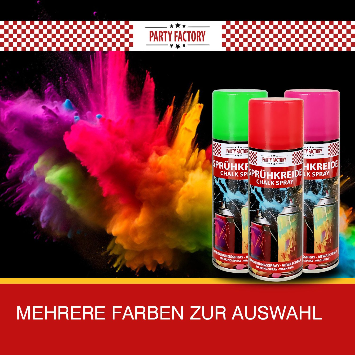 Party Factory Kreidespray Sprühkreide 100 ml – Abwaschbares Kreidespray in 6 Farben Markierungen, für Sport, Events, Spiele und kreative Outdoor-Projekte