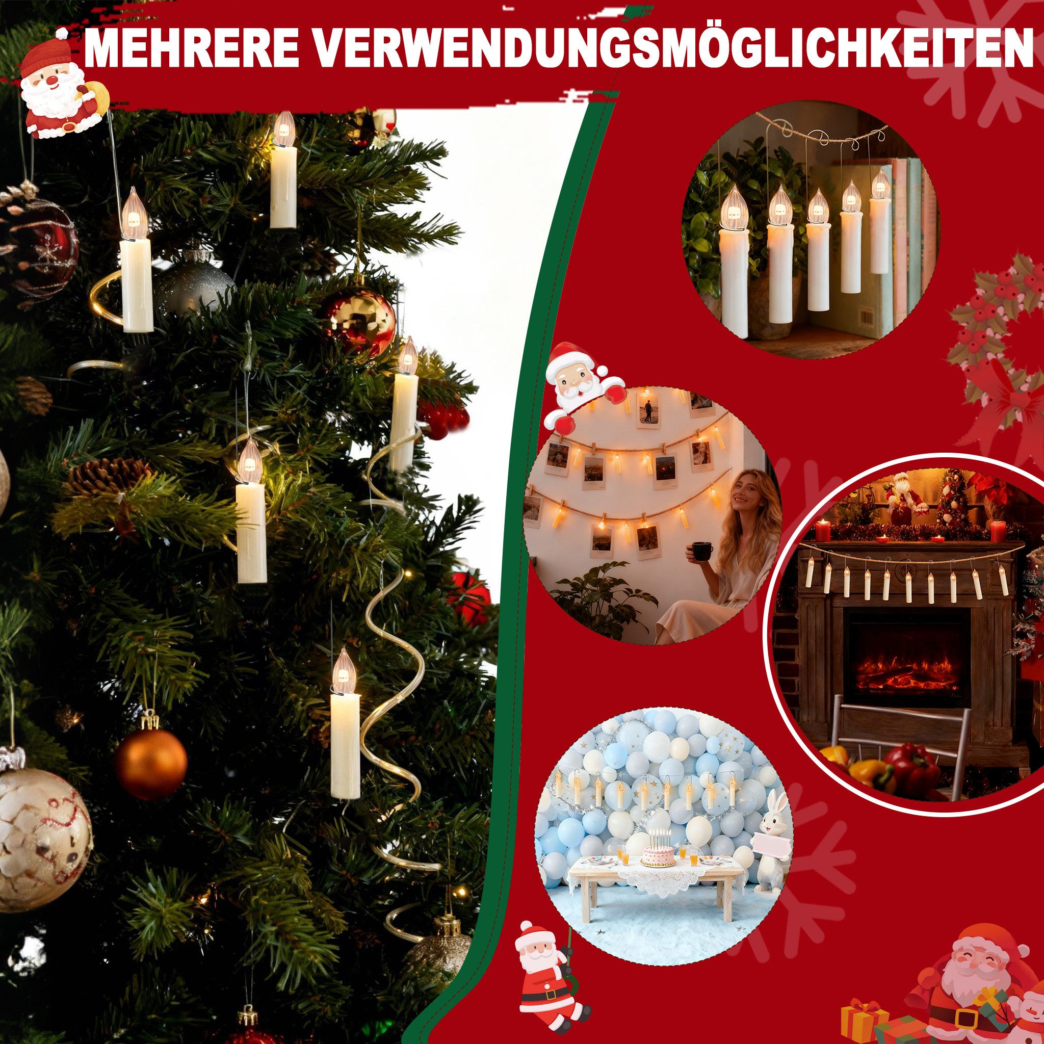 FIVMEN LED-Kerze Weihnachtskerzen mit Haken Kabellos Dimmbar Kerzen mit Fernbedienung (10-tlg), mit Timing-Funktion für Weihnachtsdeko, Weihnachtsbaum