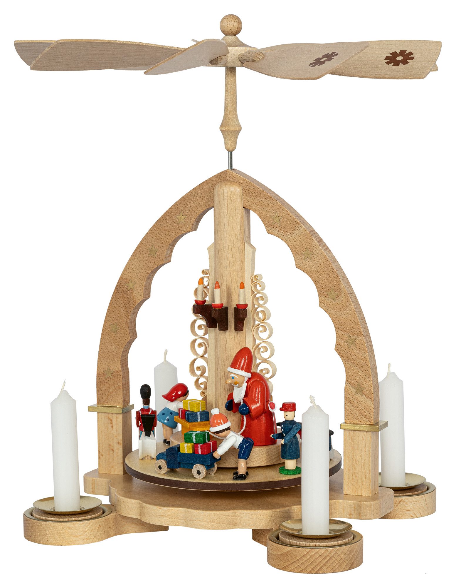 Richard Glaesser Weihnachtspyramide Pyramide Bescherung bunt für Teelichte, Höhe 27 cm, Handwerkskunst original Erzgebirge