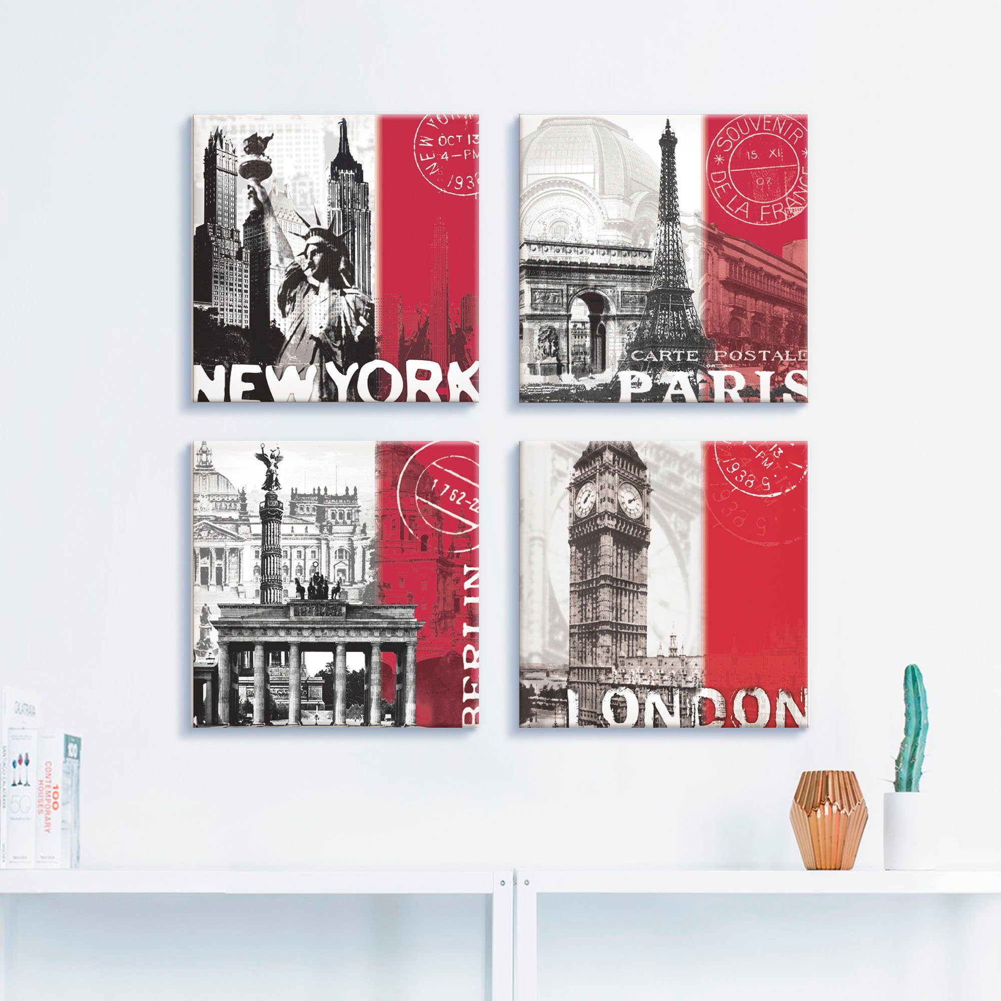 Artland Leinwandbild New York Paris Berlin London_bordeauxrot, Gebäude (4 St), 4er Set, verschiedene Größen