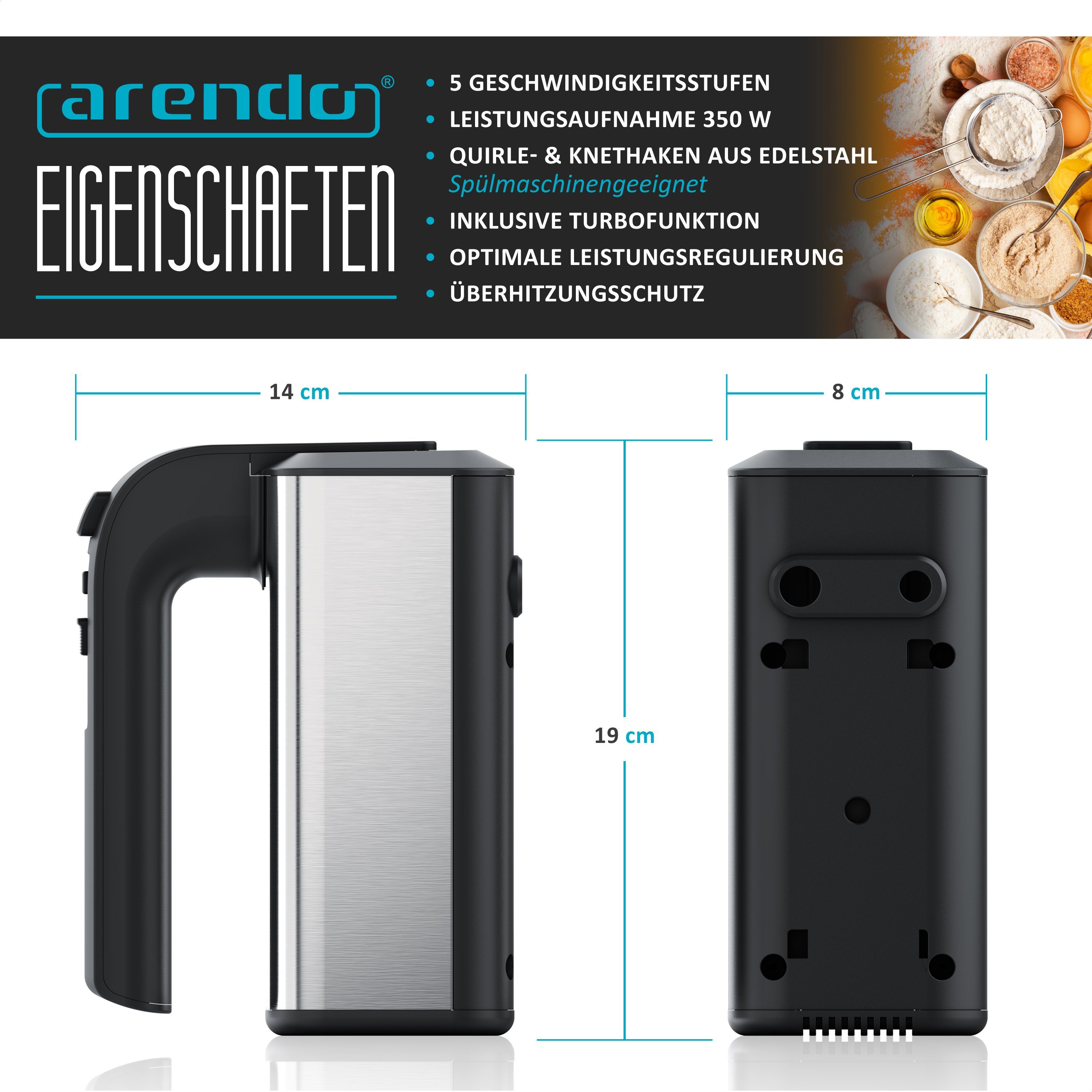 Arendo Handmixer Handrührgerät, 5 Geschwindigkeiten, inkl. 2 Rührbesen & 2 Knethaken, 350 W, Edelstahl, spülmaschinengeeignet, 5 Geschwindigkeiten Plus Turbo