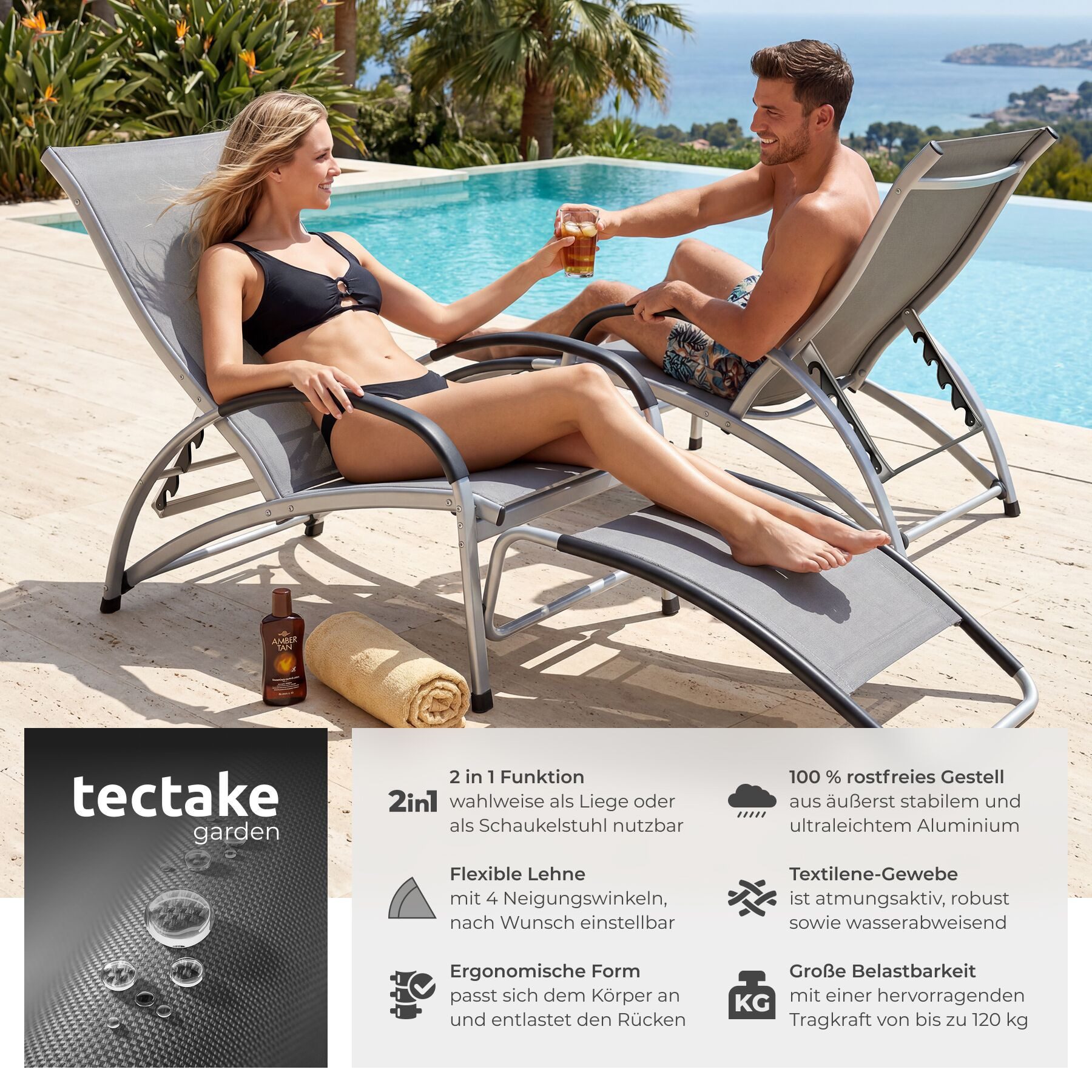 tectake Gartenliege Sonnenliege, 2 in 1 Funktion, verstellbare Rückenlehne, wetterfest, Multifunktionsliege Avignon, 2 St., in anthrazit, wasserabweisend, luftdurchlässig, rutschfest, Belastbarkeit 120 kg