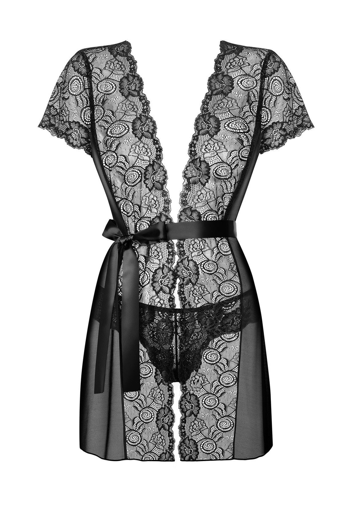 Obsessive Negligé Morgenmantel Alluria schwarz transparent + String (2-tlg)