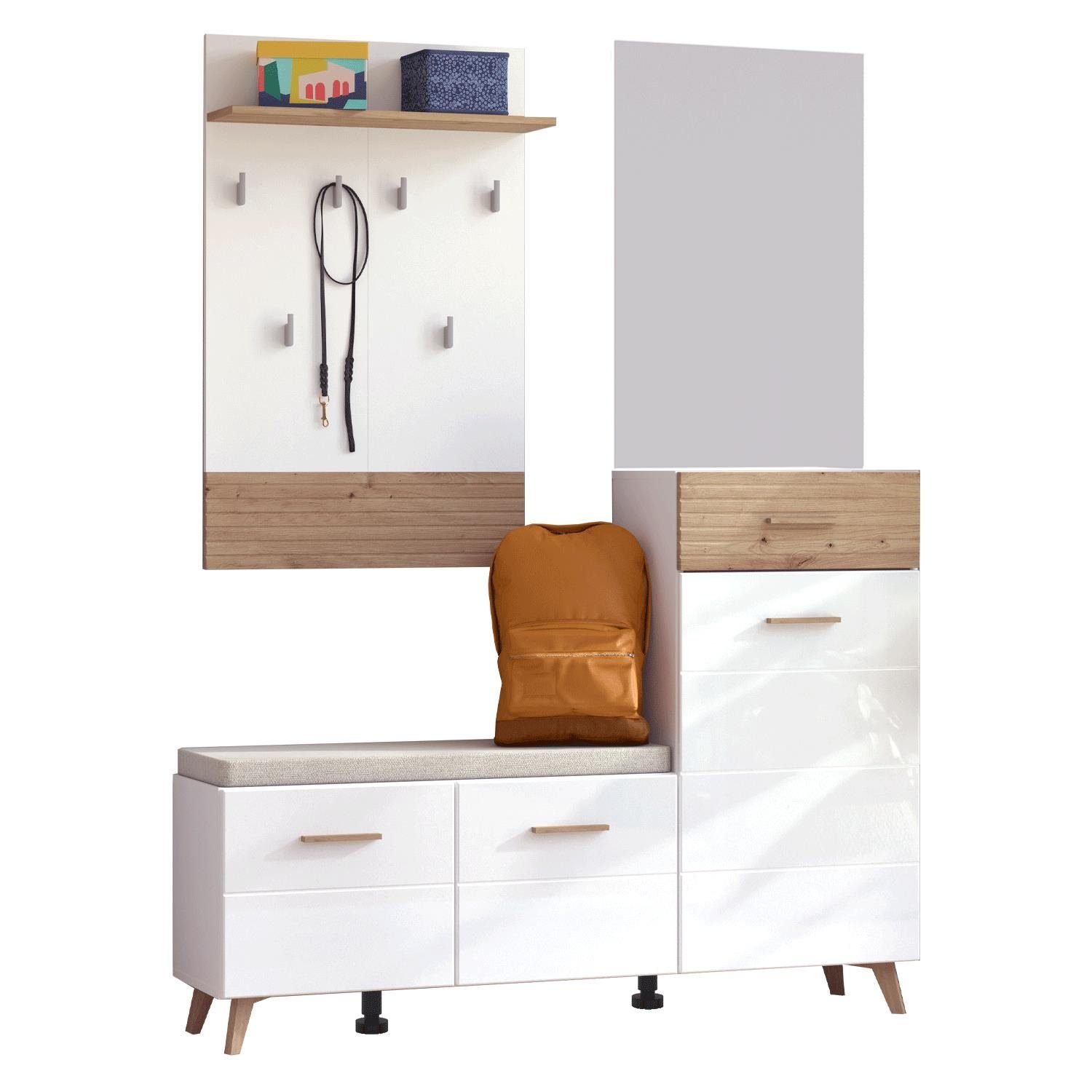 Homestyle4u Garderoben-Set Garderobe Flurgarderobe Set 3 tlg. Weiß, (3-St)