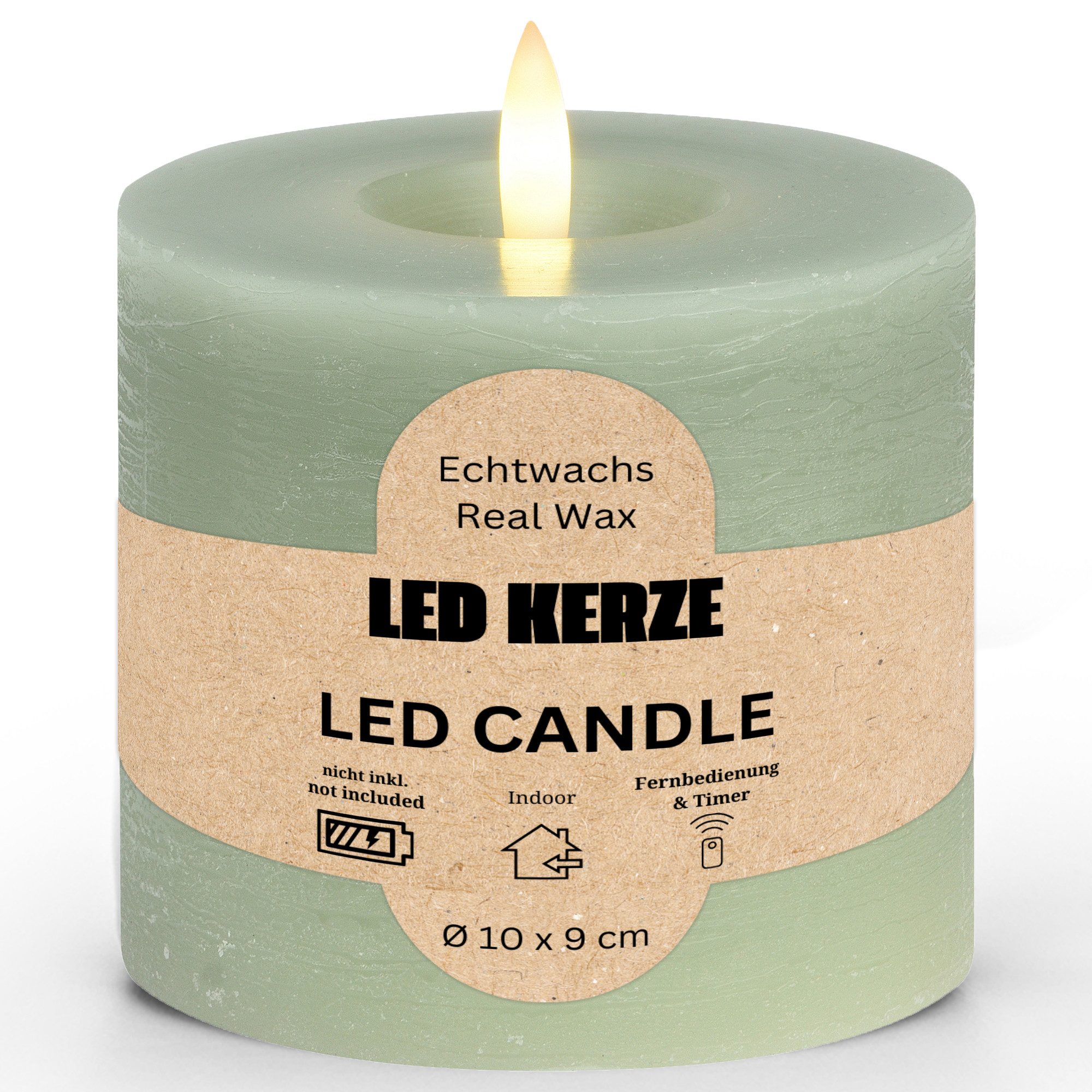matches21 HOME & HOBBY LED-Kerze LED Stumpenkerze Wachs, Flackernde Flamme, Ø 10x9 cm, Salbei (1-tlg), Praktisch mit Fernbedienung & Timerfunktion
