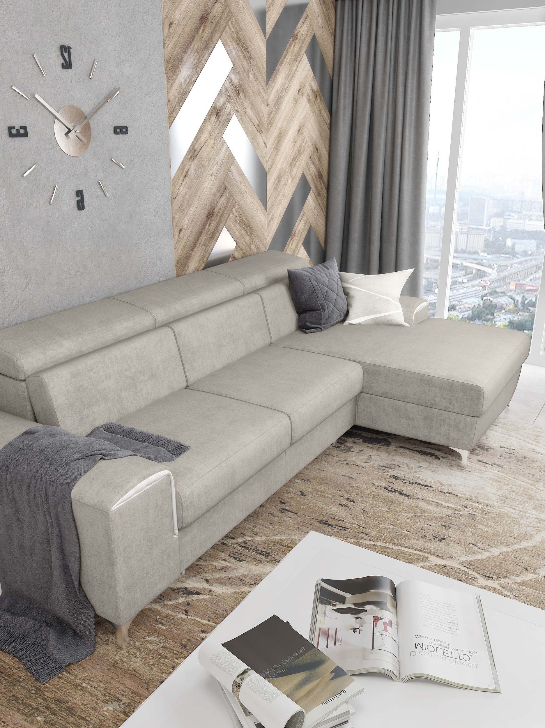 Ecksofa L-Form, Sitzkomfort, Bettfunktion, mit Kopfteilverstellung frei stellbar, Eckcouch, Raum bestellbar, oder rechts und mane inklusive Stylefy Bettkasten links im Lino,