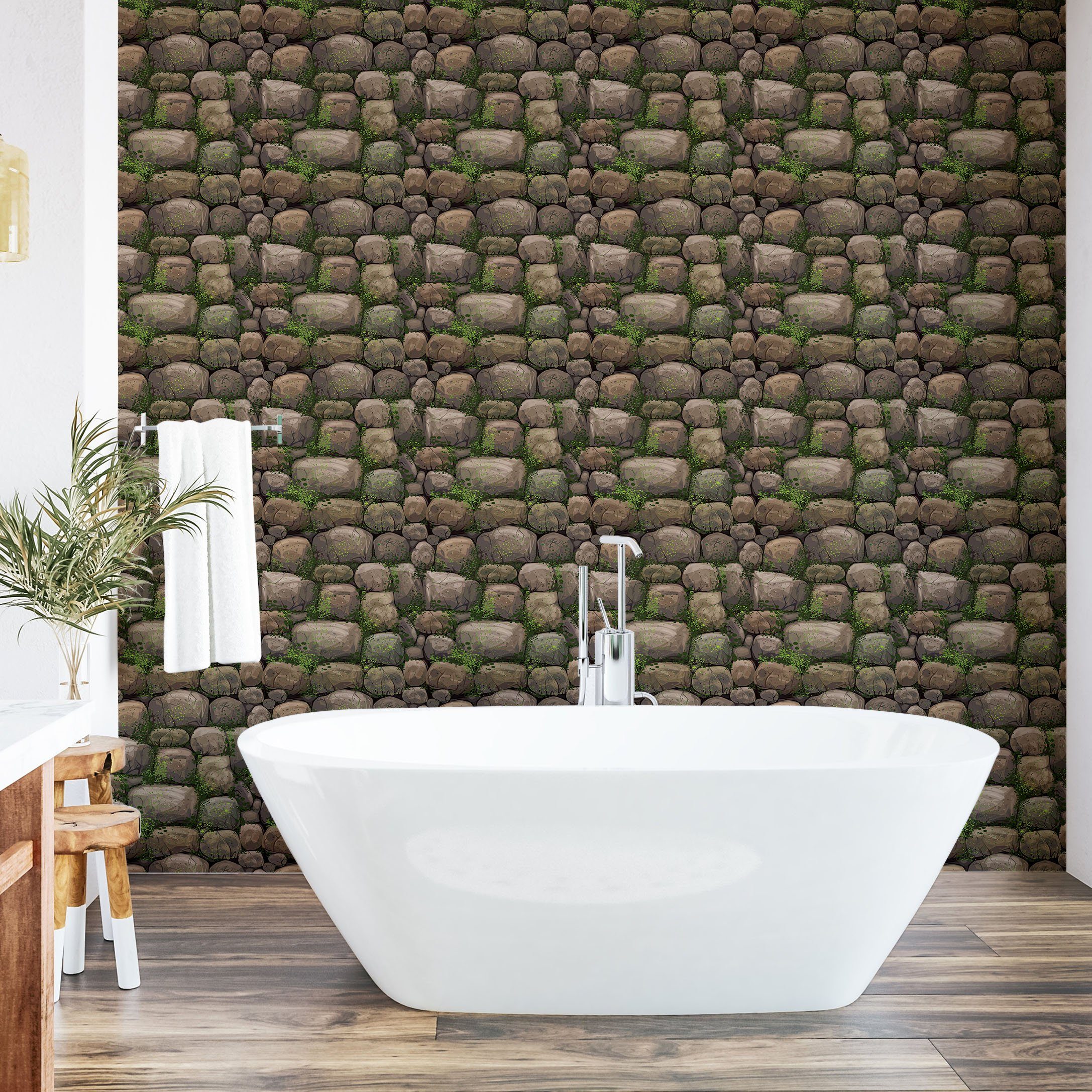 Abakuhaus Vinyltapete selbstklebendes Wohnzimmer Küchenakzent, Steine ​​mit bedeckt Natur Moos