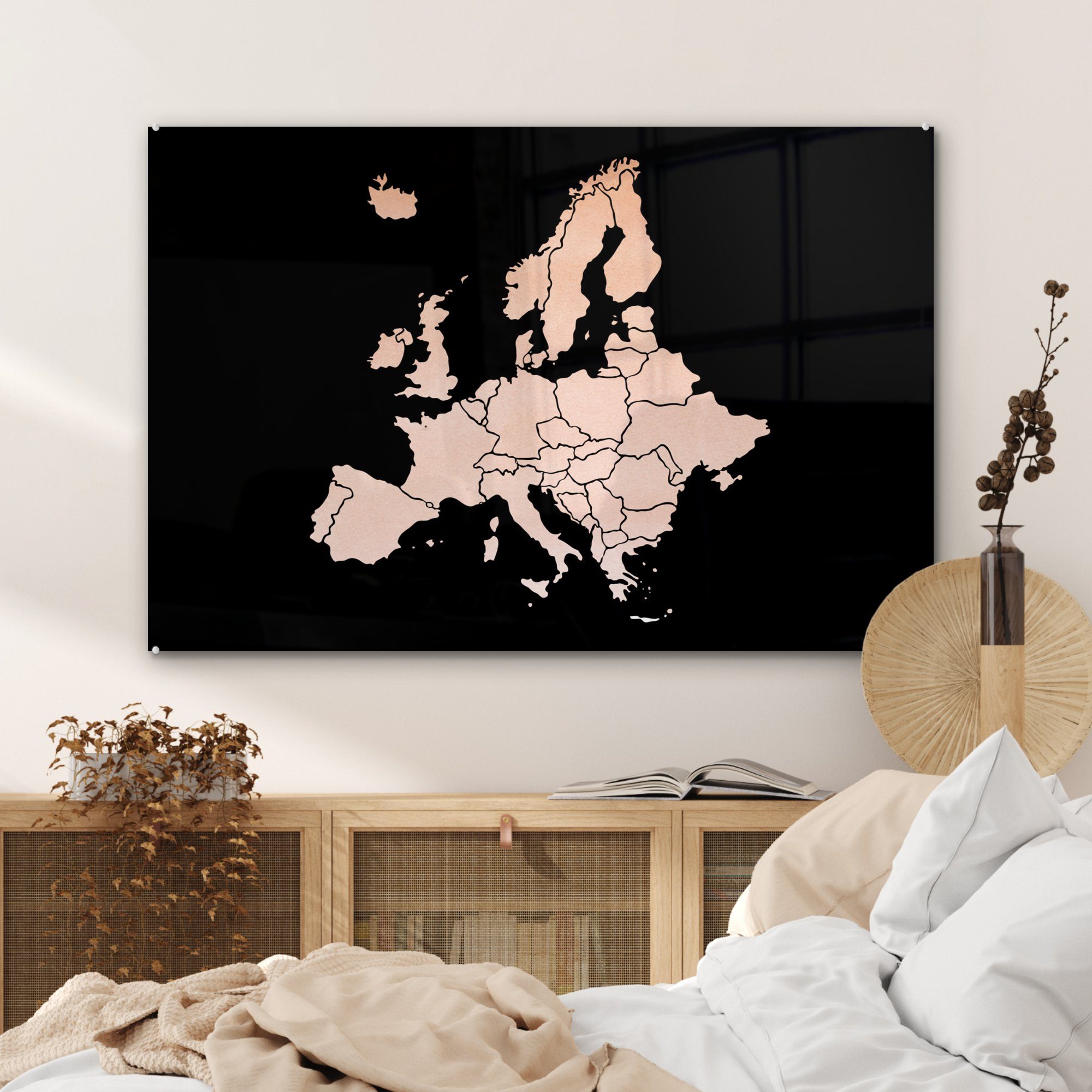 MuchoWow Acrylglasbild & - Wohnzimmer (1 Acrylglasbilder Rosa, St), Schlafzimmer Europa Karte 