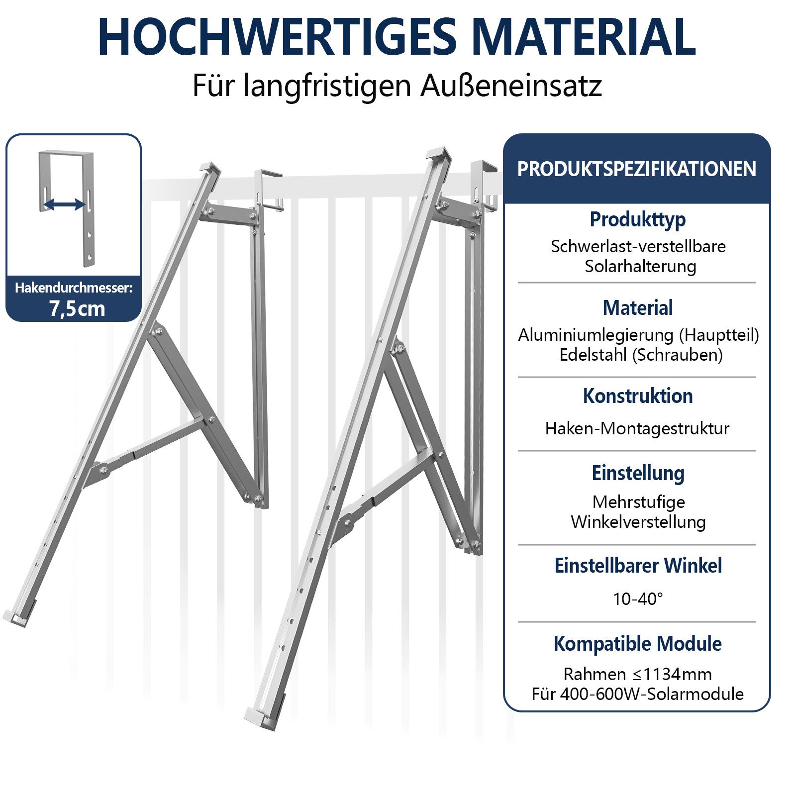 Rhein Beleuchtung Balkonkraftwerk Balkonkraftwerk Halterung, Solarmodul Halterung für Balkon, (Set, 2-St., PV Halterung Flachdach für 2×400–550 W, 30–35 mm), 10 – Bild 2 von 5