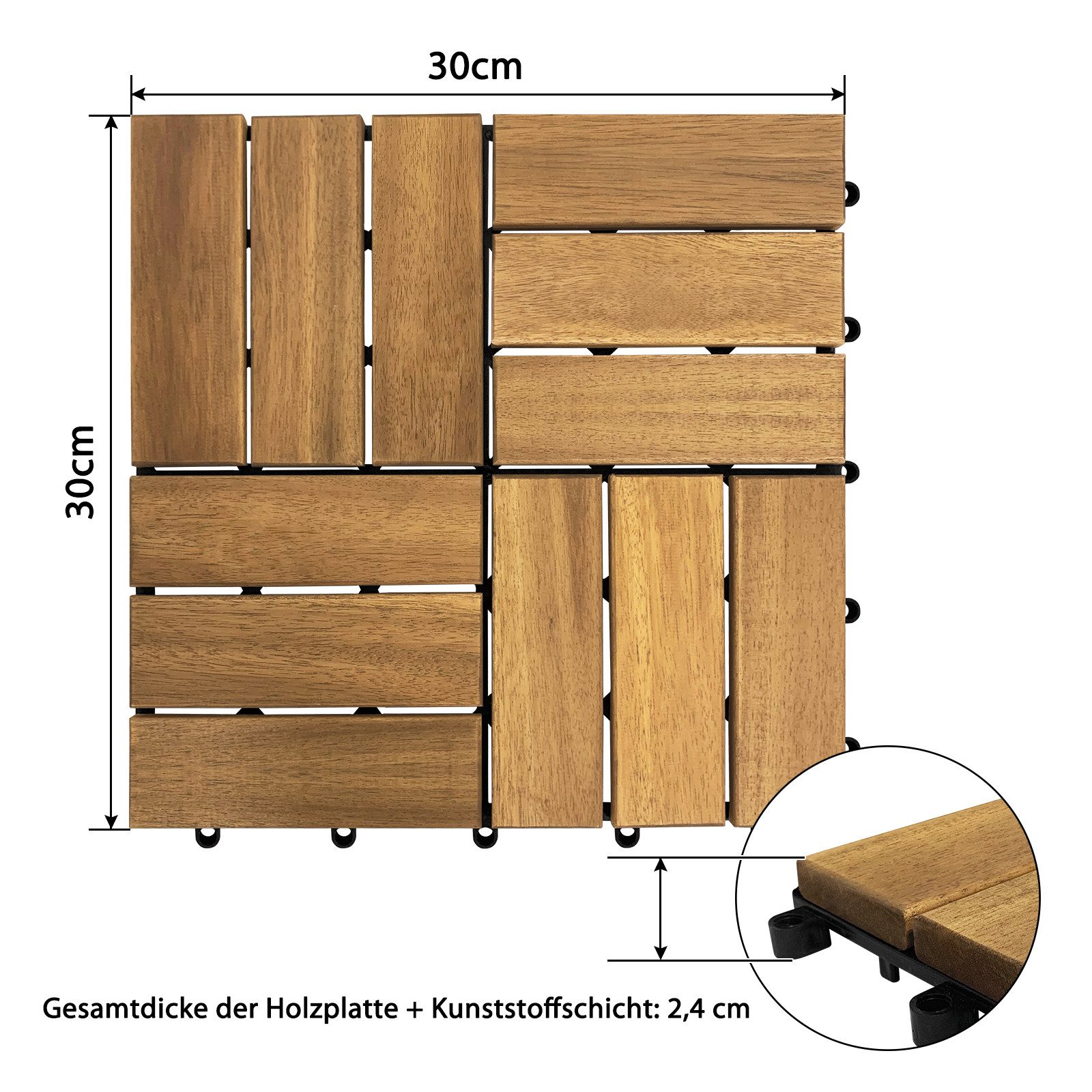 FIVMEN Holzfliesen 12 Latten Terrassenfliesen Klicksystem 30x30 cm -Modell B, 11 St., für Balkon, Garten, Terrasse