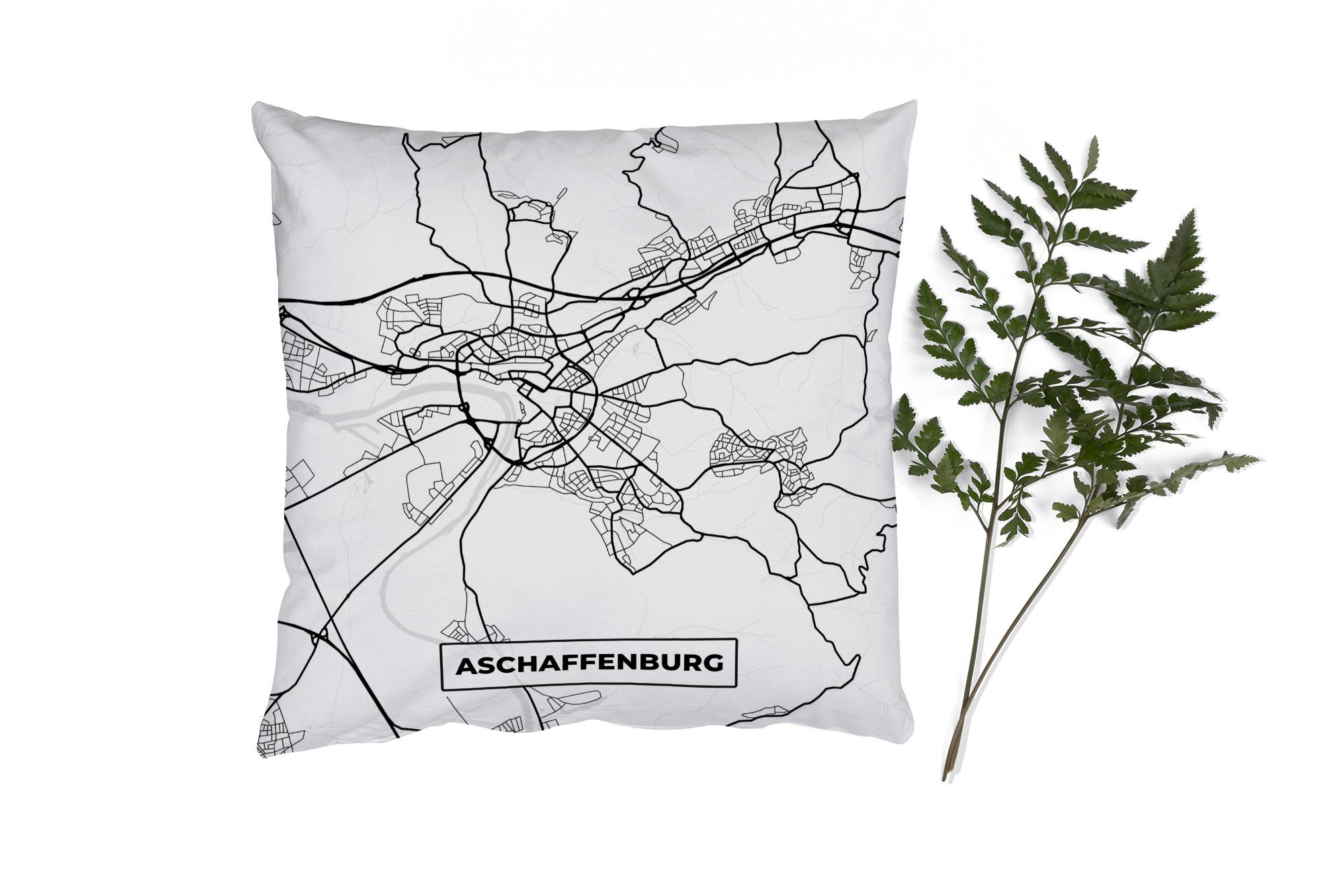 MuchoWow Dekokissen Aschaffenburg - Karte - Stadtplan, Zierkissen mit Füllung für Wohzimmer, Schlafzimmer, Deko, Sofakissen