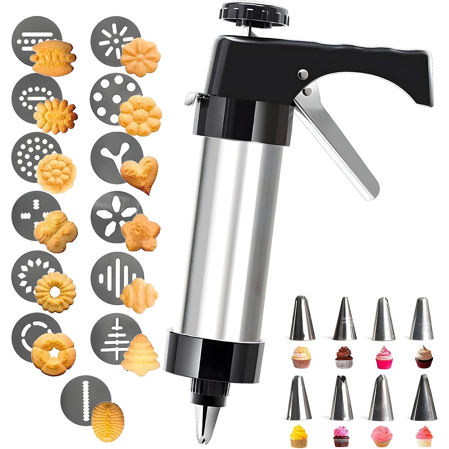 HEYHIPPO Gebäckpresse Gebäckpresse aus Edelstahl,mit 13 Formen & 8 Düsen, für Kekse & Torten, (Kekspresse mit Zubehör, für Party & Weihnachtsbäckerei), Plätzchenpresse – Druckfunktion, leicht zu reinigen, für Kekse & Creme
