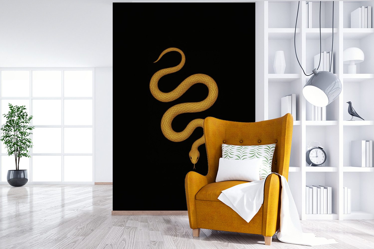 MuchoWow Fototapete Schlange - Minimalistisch - Gold, Matt, bedruckt, Vliestapete für Wohnzimmer Schlafzimmer Küche, Fototapete, 180x280 cm