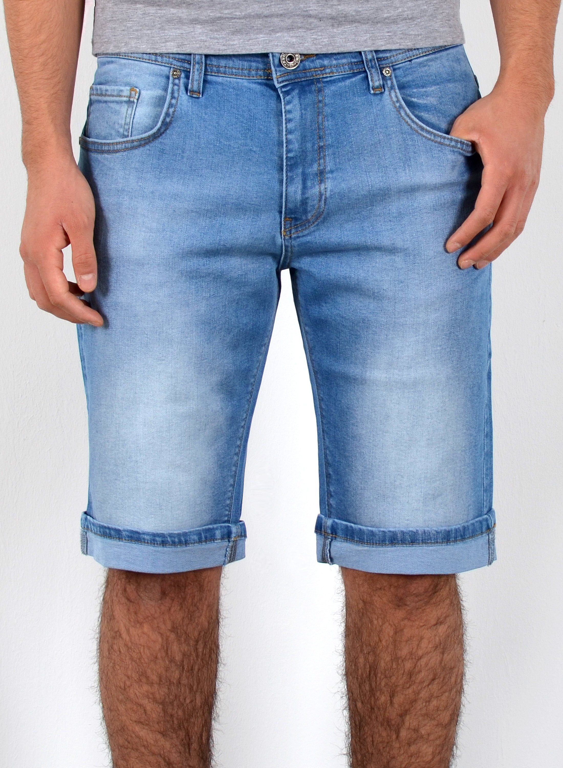 ESRA Jeansshorts A373 Herren Jeans Shorts Hose, bis Übergröße / Plussize Große Größe, Herren kurze Jeans Hose mit 5 Pocket, Herrren kurze Jeanshose mit Stretch, Jeansshorts für Sommer mit Rissen im Destroyed Look, Herren Capri Jeans Shorts Herren Capri Hose Shorts Herren Capri Jeanshose Shorts, Herren Shorts Jeans Straight Regular Comfort Hellblau AS410