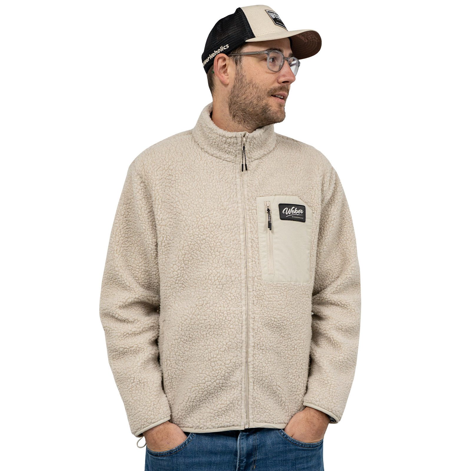 Weber GmbH Fleecejacke Sherpa Herren Damen Unisex beige #Werkeholics Outdoorjacke verstellbarer Bund, Teddy Fleece, mit Innentasche