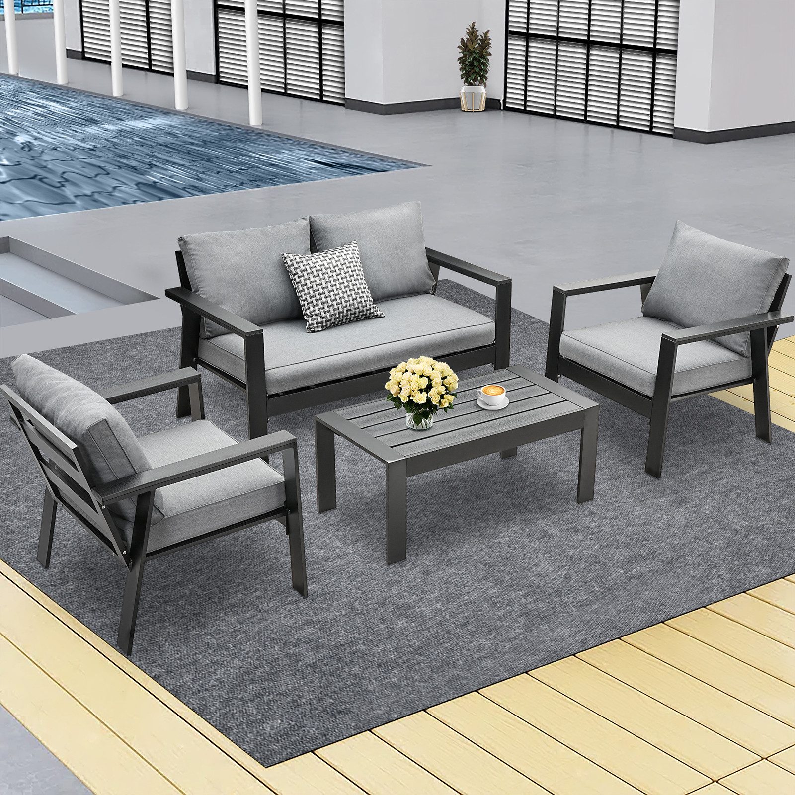 MeXo Gartenlounge-Set Gartenmöbel Set Aluminium Loungeset für Terrasse Balkon, (Set, 4-tlg., 1×2-Sitzer Sofa, 2×Einzelsessel, 1×Couchtisch, 7×Auflagen), wetterfest Sitzgruppe Essgruppe Gartengarnitur für 3-4 Personen