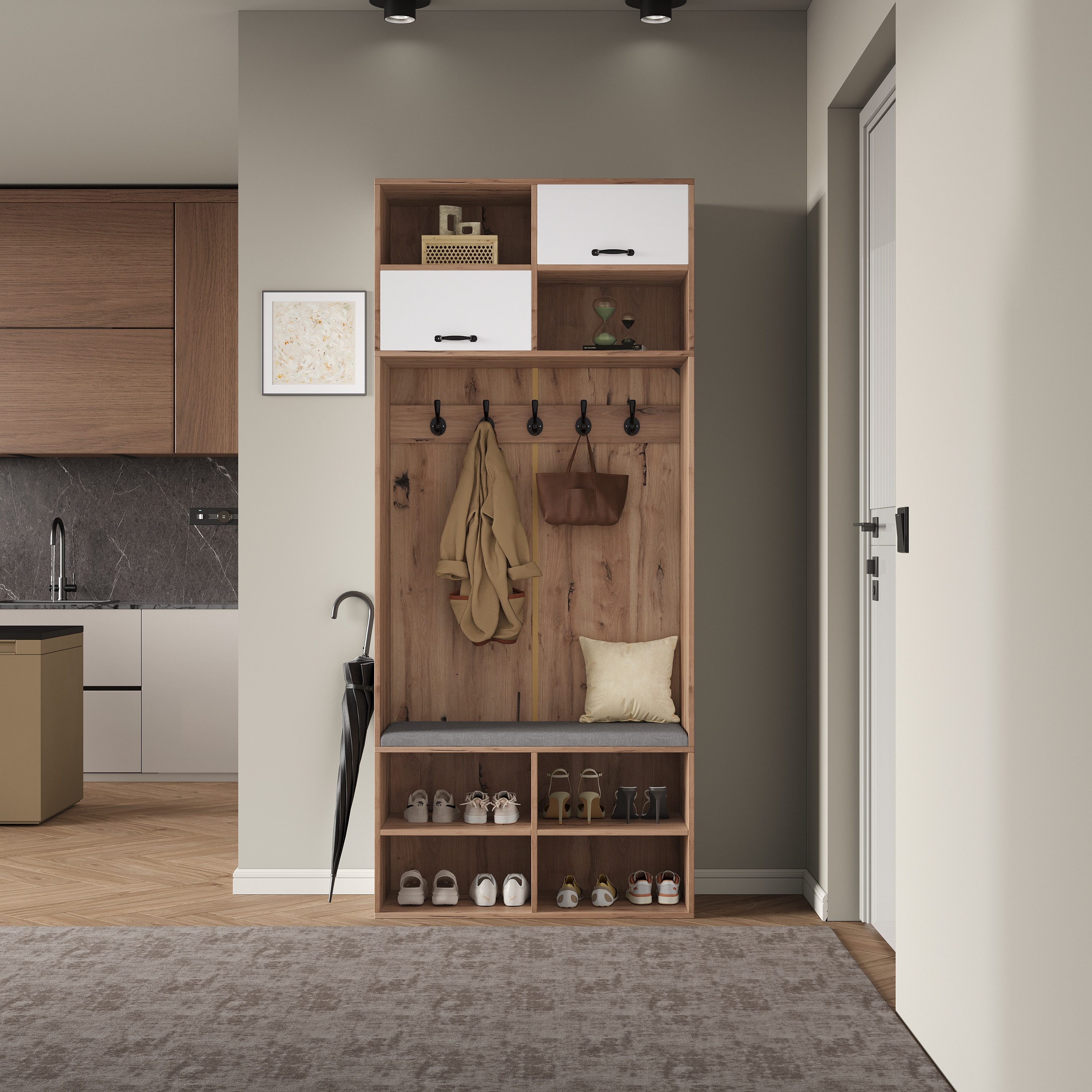 Merax Garderobenschrank Garderobenset, 2-in-1 Garderobenständer (1-St., mit Schuhschrank,5 Haken, 2 Türen, 6 offenen Fächern) Flurmöbel, Flurgarderobe, 80×185×30 cm