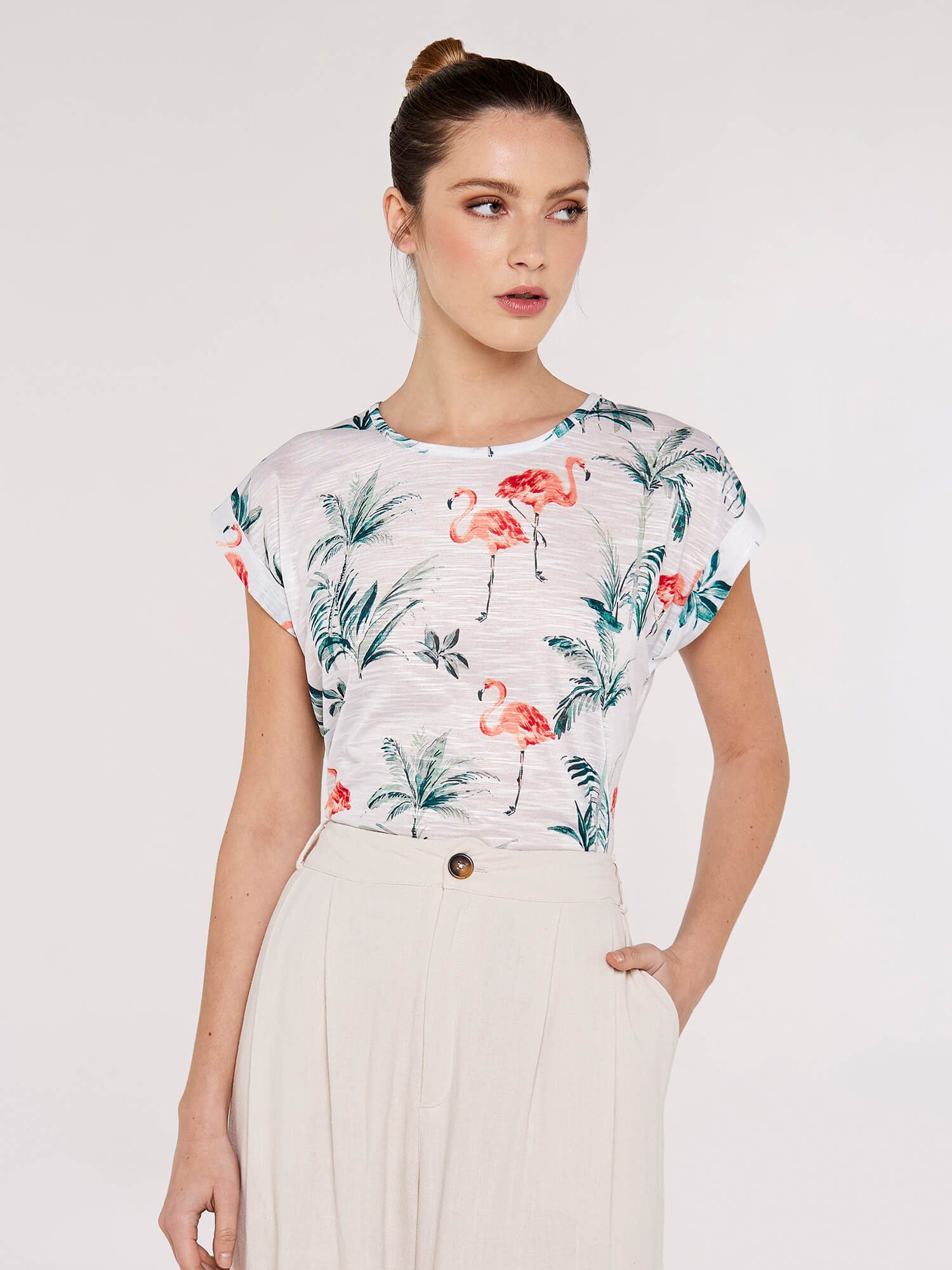 Apricot T-Shirt Flamingo Palms Oasis Slub Top (1-tlg) mit umgeschlagenen Är günstig online kaufen