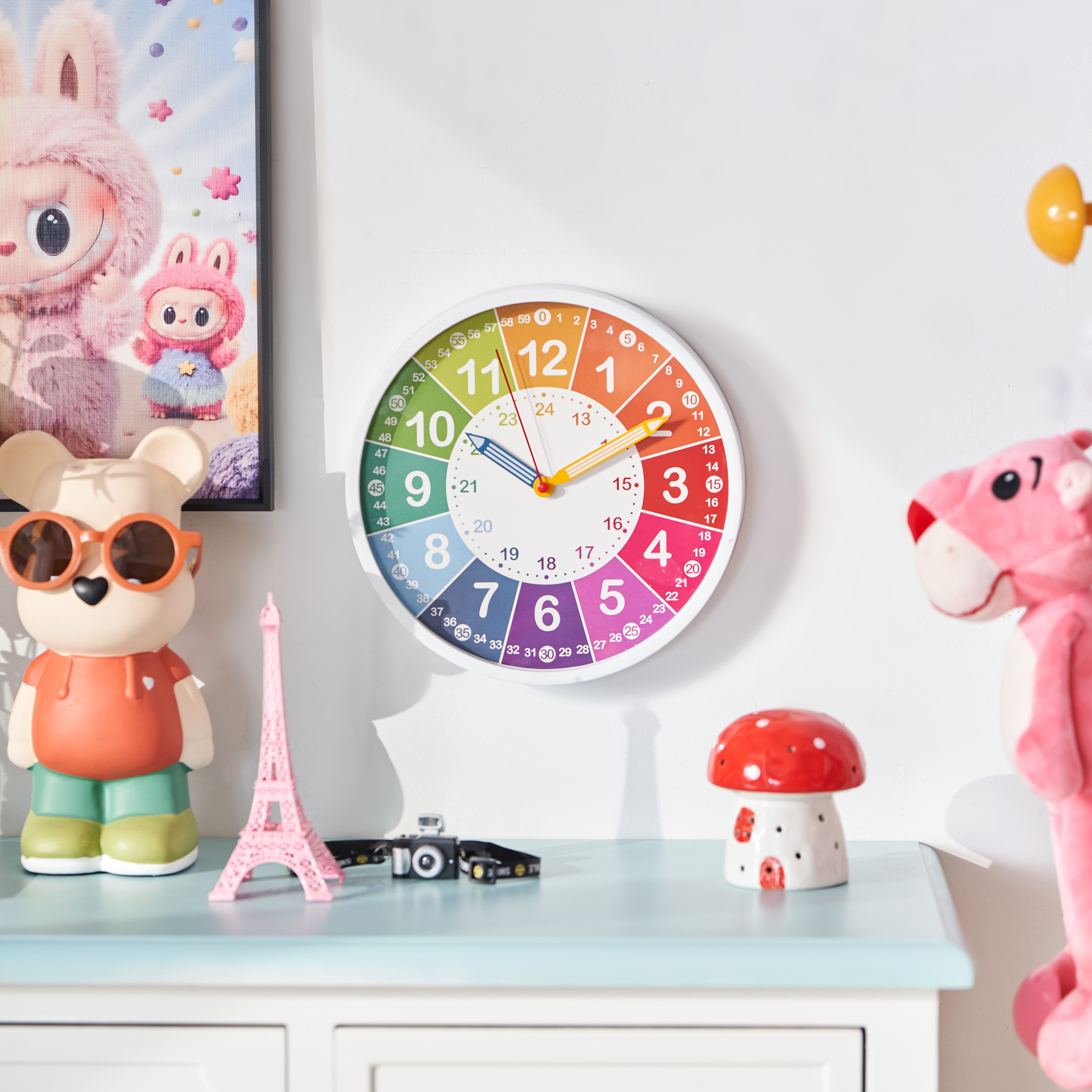 K&L Wall Art Wanduhr Kinderuhr Regenbogen Lernzifferblatt bunte Kinderzimmer Uhr (leise Lernuhr ohne Ticken)