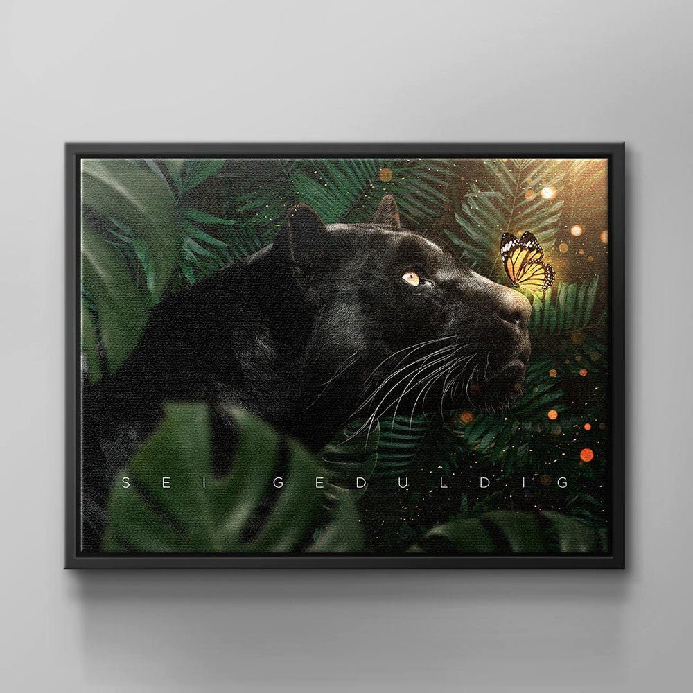DOTCOMCANVAS® Leinwandbild BE CURIOUS, Deutsch, Wandbild Motivation Tier schwarzer Panther Schmetterling Dschungel g schwarzer Rahmen