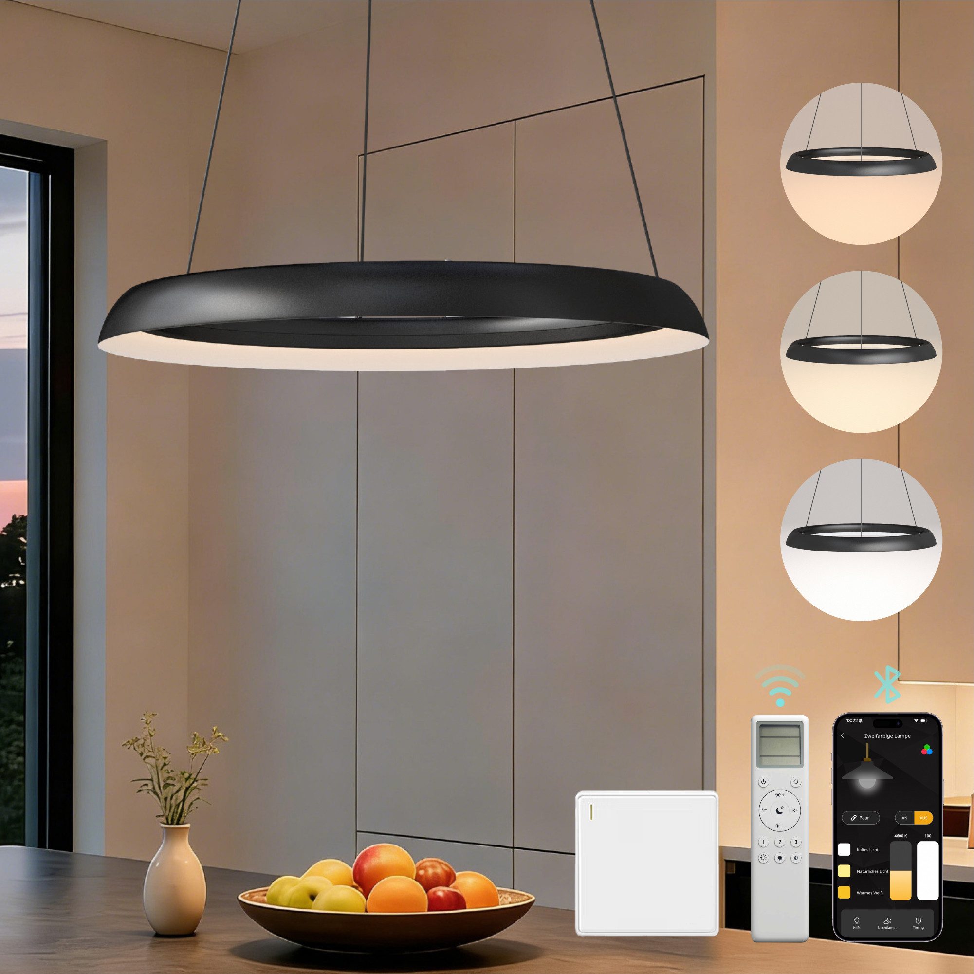 Mai & Mai Pendelleuchte LED-Hängelampe stufenlos dimmbar 3000K–6000K höhenverstellbar Luvina04, LED fest integriert, LED-Pendelleuchte mit drei Bedienungsmöglichkeiten